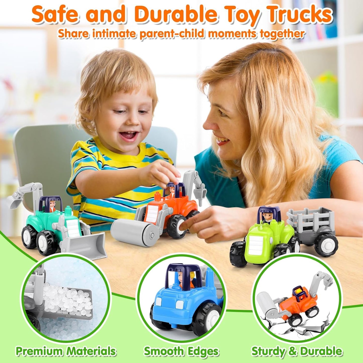 Toddler Toy Car，4PCS Inertia Toy Push and Go Cars，Toys for 2 Year Old Boy | Friction Powered Cars，Birthday & Christmas Gift for Boy and Girl，Construction Truck，Kids Outdoor & Indoor Toys