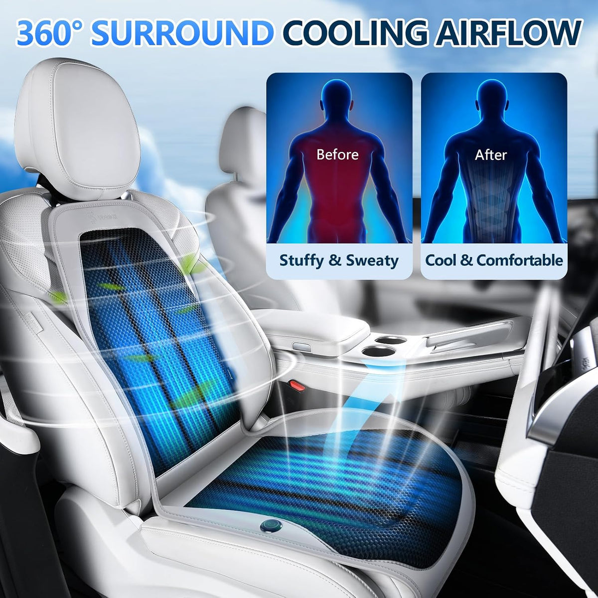 Upgraded Cooling Car Seat Cover Front Seat with Blowing&Suction, 12V-24V Ventilated Car Seat Cushion with 8 Turbo Fans, 3-Speed Adjustable Universal Fit Breathable Car Cushion for Summer Driving-Gray