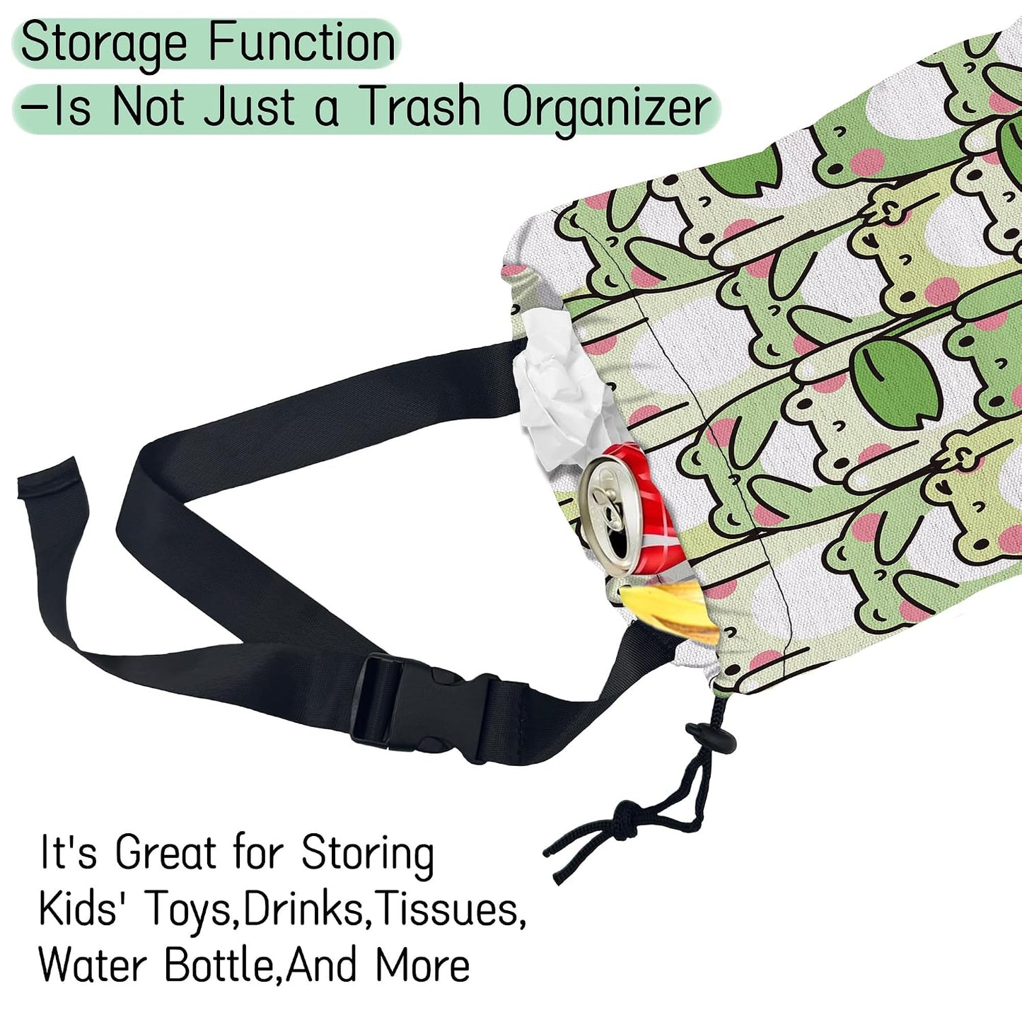 Cute Frog Car Garbage Bag,Waterproof Small Car Trash Bag Hanging Back of Seat,Drawstring Hanging Car Trash Bag with Adjustable Buckle for Car Accessories