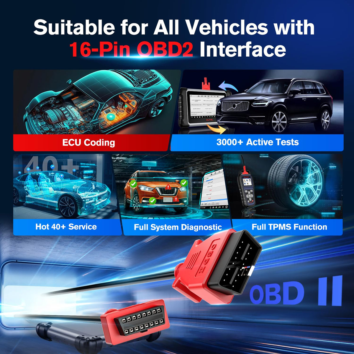Autel OBD 2 Extension Cable, 10ft 3M, 16 Pin OBD II OBD2 Extension Cord