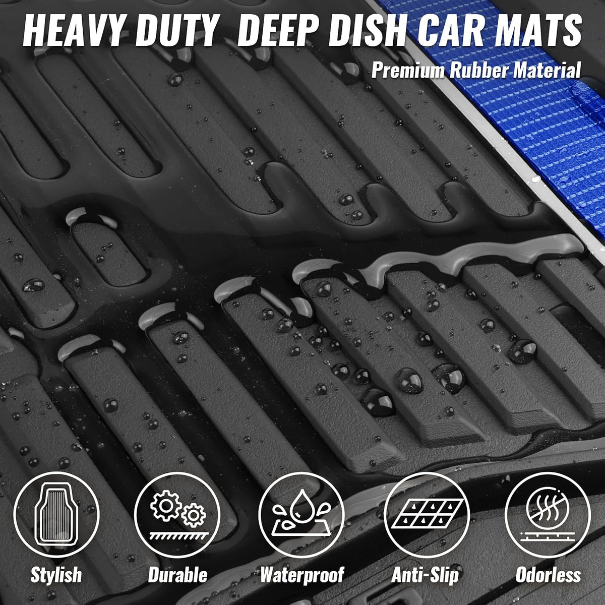 CAR PASS Heavy Duty Rubber Car Floor Mats, Deep Waterproof Car Floor Mats All Weather, Aluminum Film Floor Mats for Cars Non-Slip Universal Trim to Fit for SUVs Trucks Sedans Vans, Black Blue Metallic