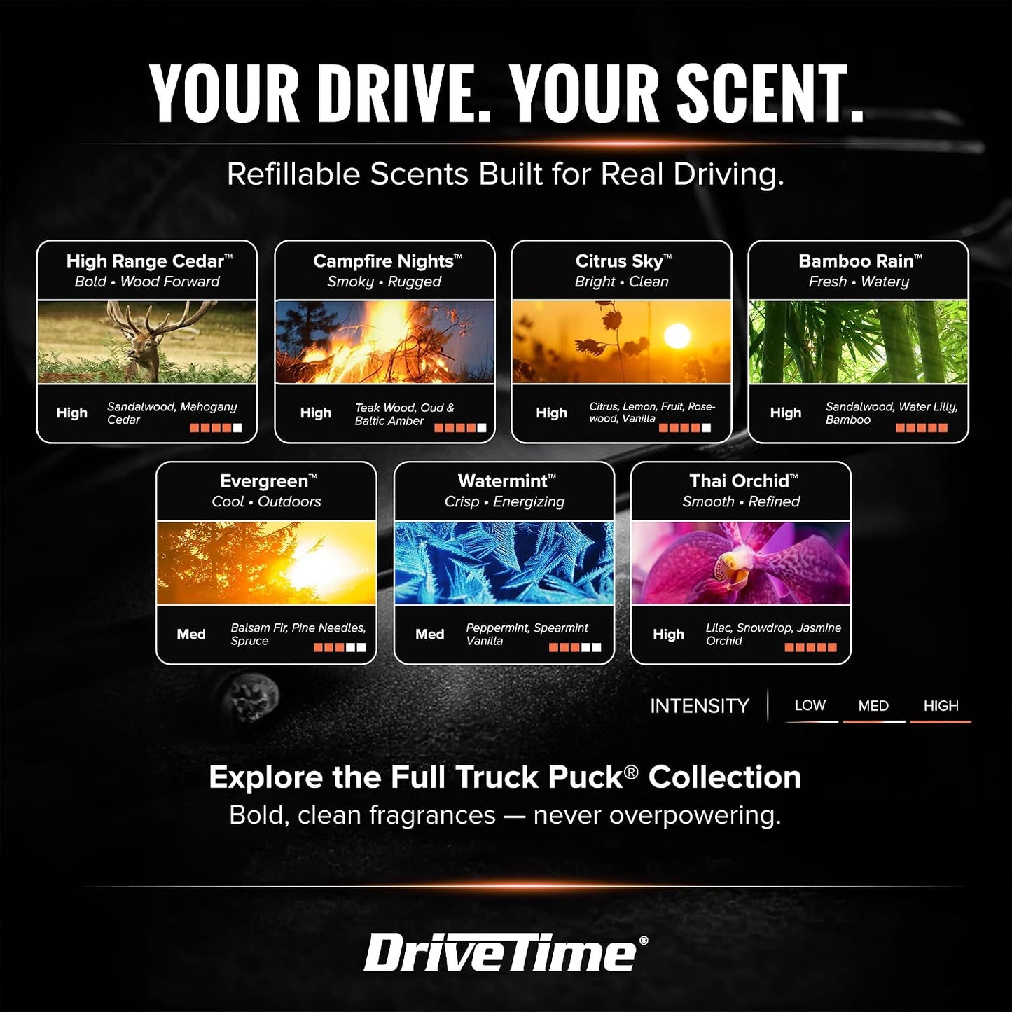 Drive Time Truck Puck Campfire Night Fragrancee Car Air Freshener – Long-Lasting Car Deodorizer, Refillable Vent & Visor Clip Auto Air Freshener for Car, Truck & SUV, Premium Fragrance, Pack of 3