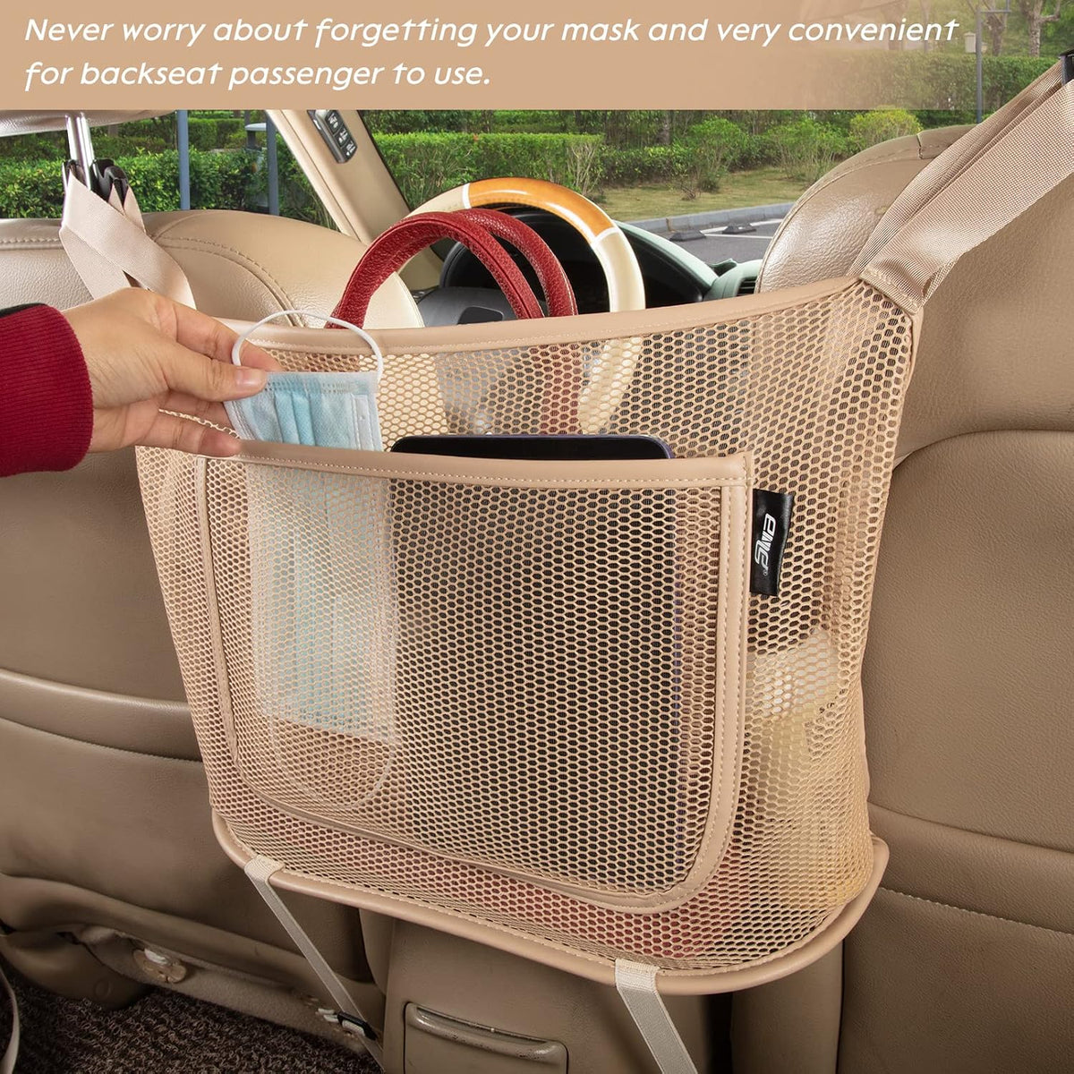 eing Car Organizers and Storage Mesh Bag, Purse Holder, Car Net Pocket Handbag, Automotive Consoles & Organizers, Back Seat Pets Kids Barrier, Car Handbag Holder for Women, Beige