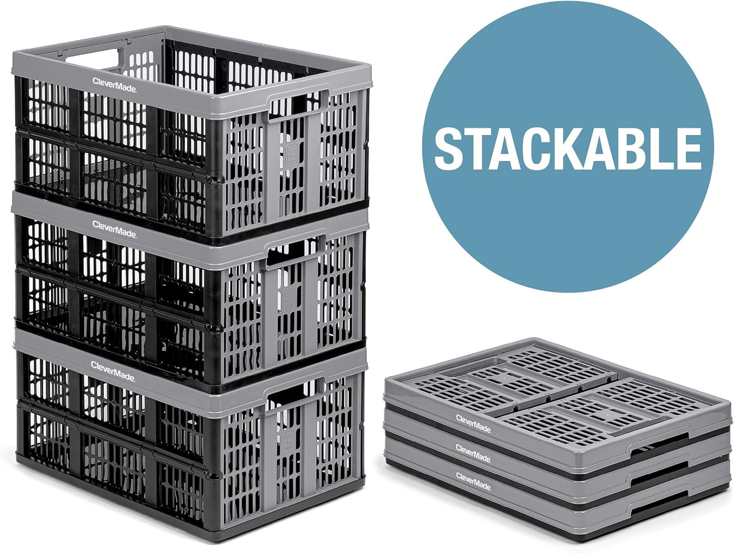 CleverMade Collapsible Utility Crates - Red 1pck 45L / 11 Gal holds 66 lbs - Stackable Containers Heavy Duty Capacity Crates Space-Saving Baskets