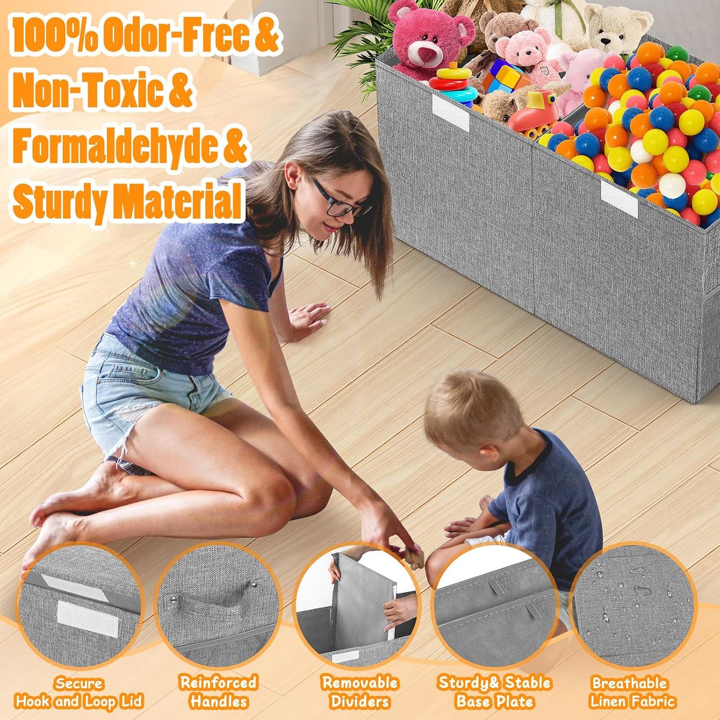 Rocamdo Large Toy Storage Box with Lid Divider, Sturdy Collapsible Toys Organizer Chest Kids Storage Bins Boxes Baskets for Boys, Girls, Nursery, Bedroom, Living Room, Playroom, 25"x13"x16", Gray