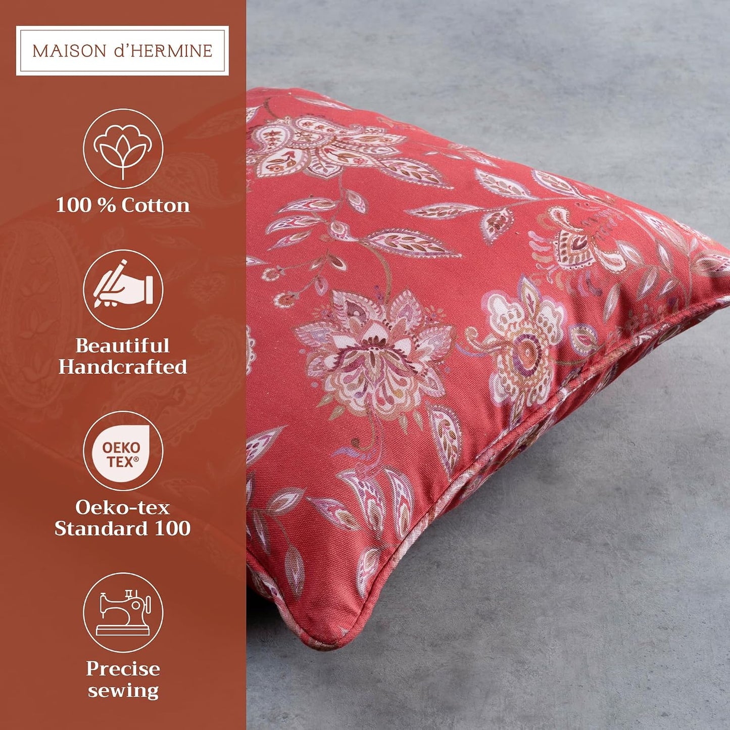 Maison d' Hermine Decorative Pillow Covers 20 x 20 inch Square 100% Cotton Throw Pillow Covers with Invisible Zipper for Living Room Couch Chair Sofas Spring Summer (Ramage - Fire Brick)