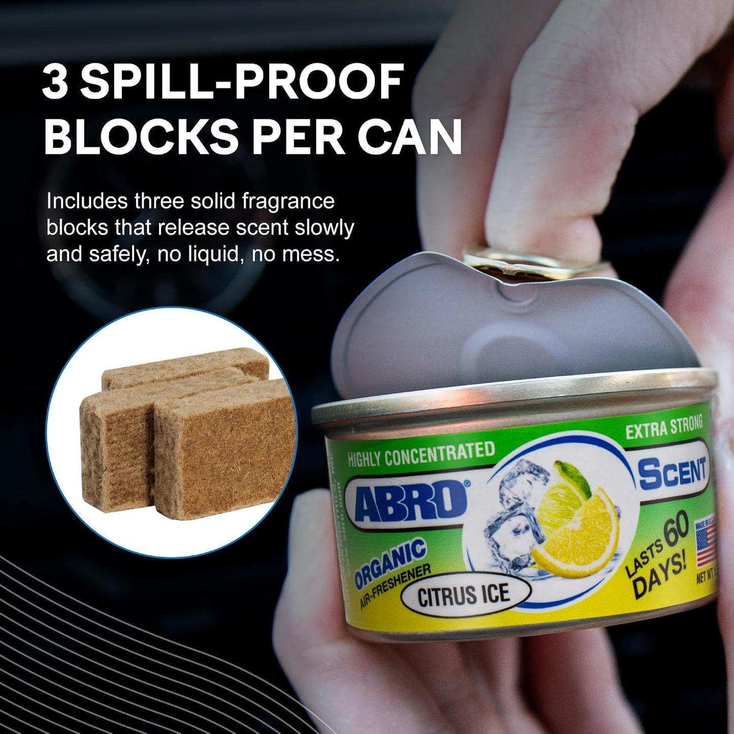 ABRO Car Air Fresheners: Canned, Spill Proof Airfreshener for Home, Office, or Car Accessories Interior, Lasts Up to 60 Days - 3 Pack Citrus Scent