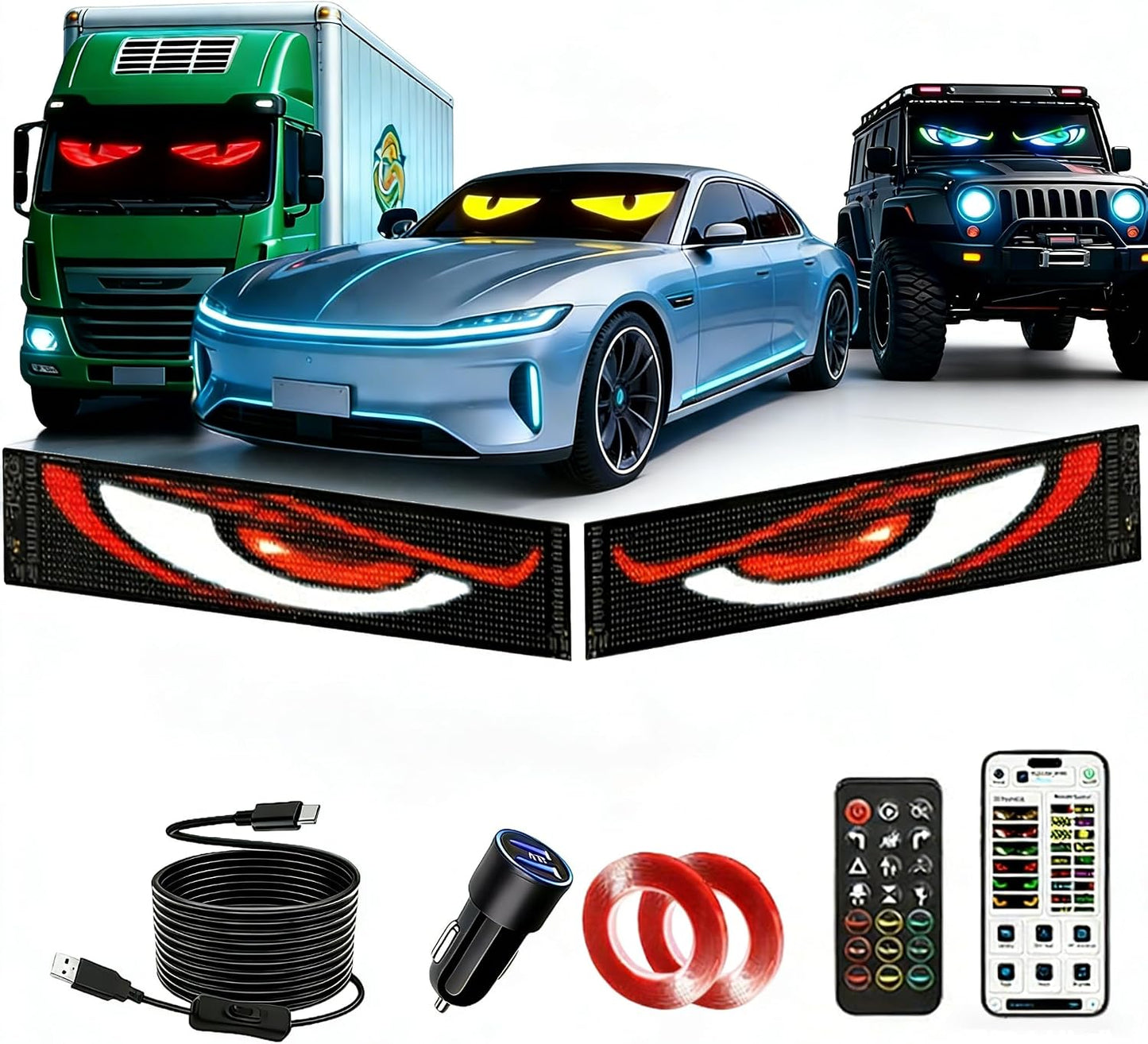 LED Devil Eye Lights for Windshield, LEDs Flexible APP Control Programmable LED Sign for Car Truck Motorcycle RV Window, Custom Animated Eyes Matrix Panel with Remote
