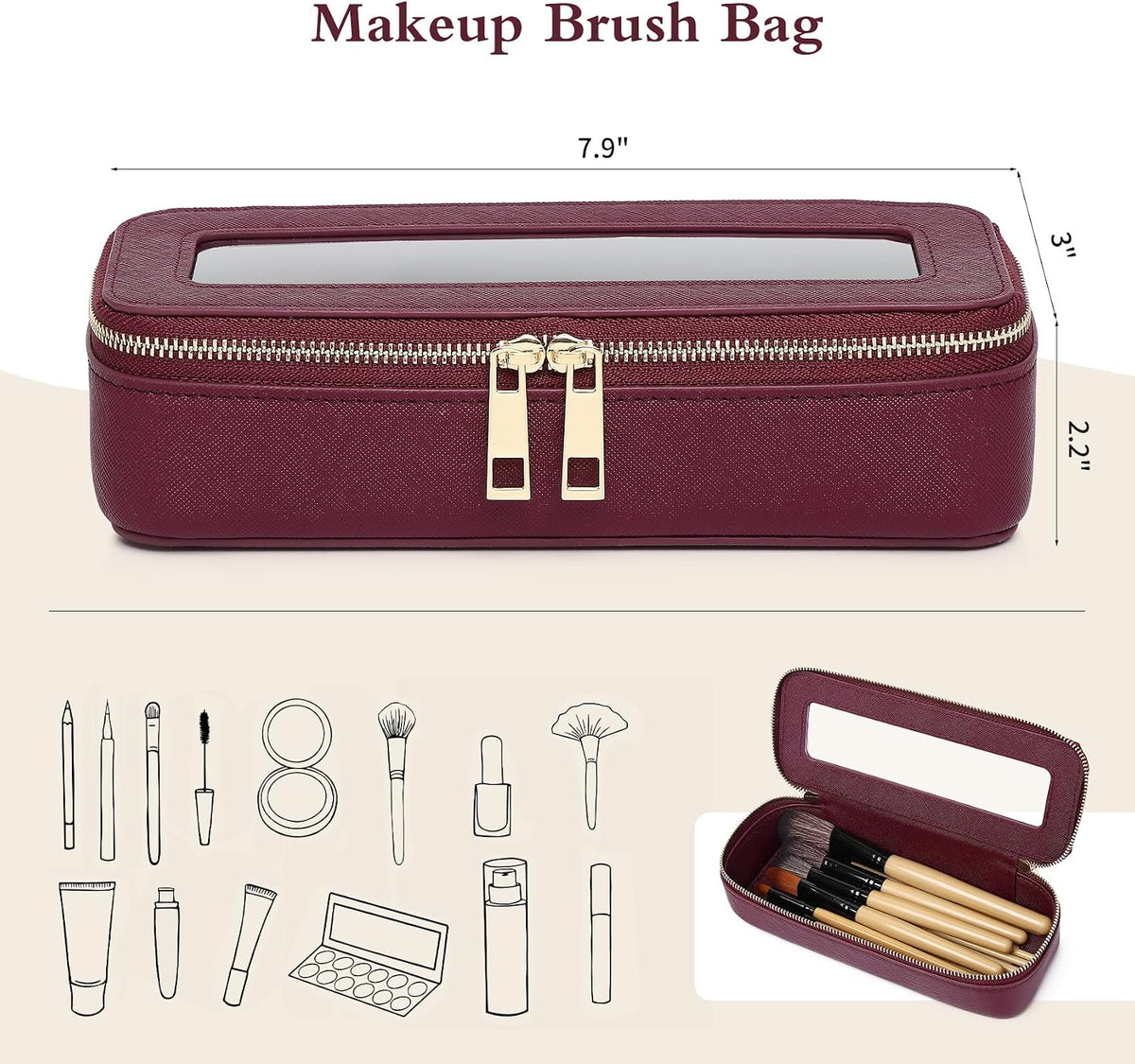 Pinkmik Makeup Brush Case, Burgundy, SLIM