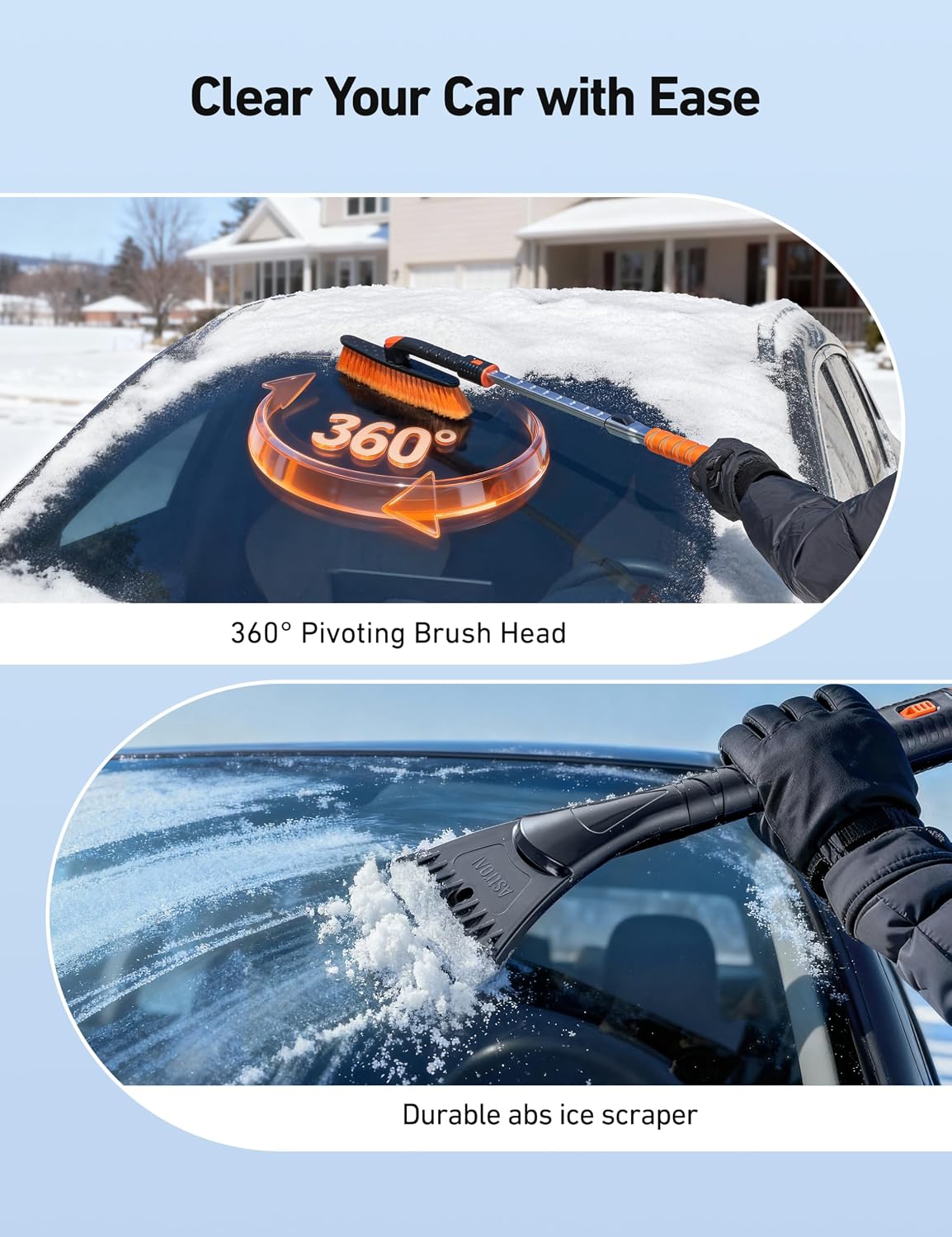 AstroAI 47.2" Ice Scrapers for Car Windshield and Extendable Snow Brush with Foam Grip and 360° Pivoting Brush Head for Auto Car Truck and SUV(Orange)
