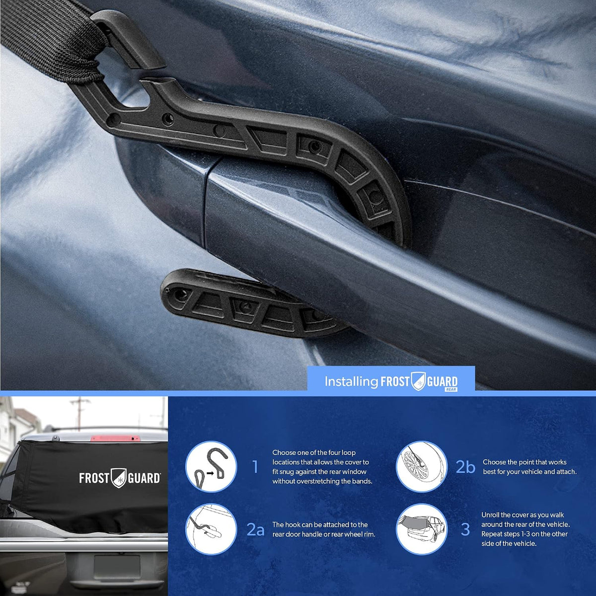 FrostGuard Rear Windshield Cover for Ice and Snow, For SUVs and Trucks - Rear Window Cover to Reduce Scraping, Elastic to Conform to Vehicle's Shape - Secure Hooks for Snug Fit - Black, 59 x 20 Inches