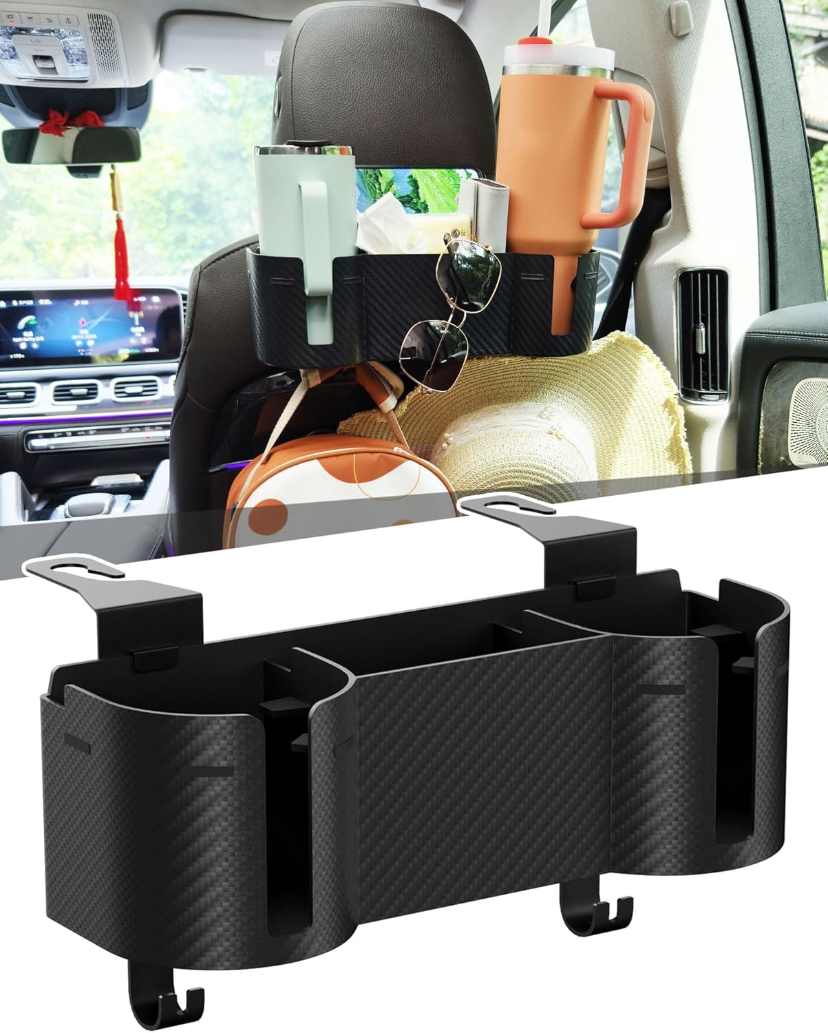 Car Headrest Backseat Cup Holder 3.7" with Organizer, High Capacity 4 in 1 Seat Back Organizer with Headrest Hooks, Multifunctional Storage for Car Travel Accessories Compatible with Most Vehicles