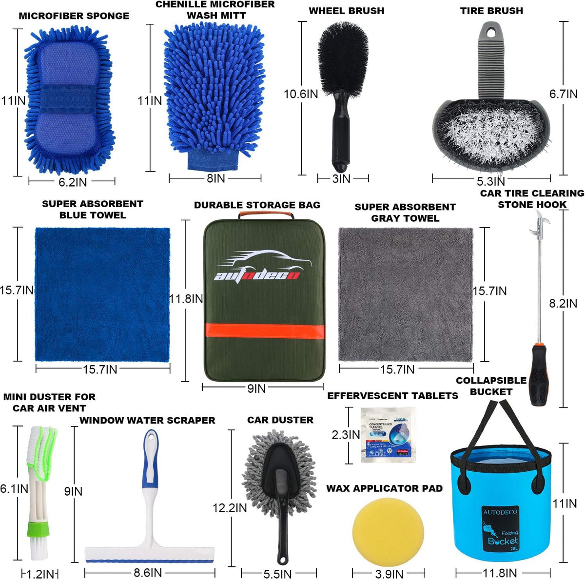 22Pcs Car Wash Cleaning Tools Kit Car Detailing Set with Olive Green Canvas Bag Collapsible Bucket Wash Mitt Sponge Towels Tire Brush Window Scraper Duster Complete Interior Car Care Kit