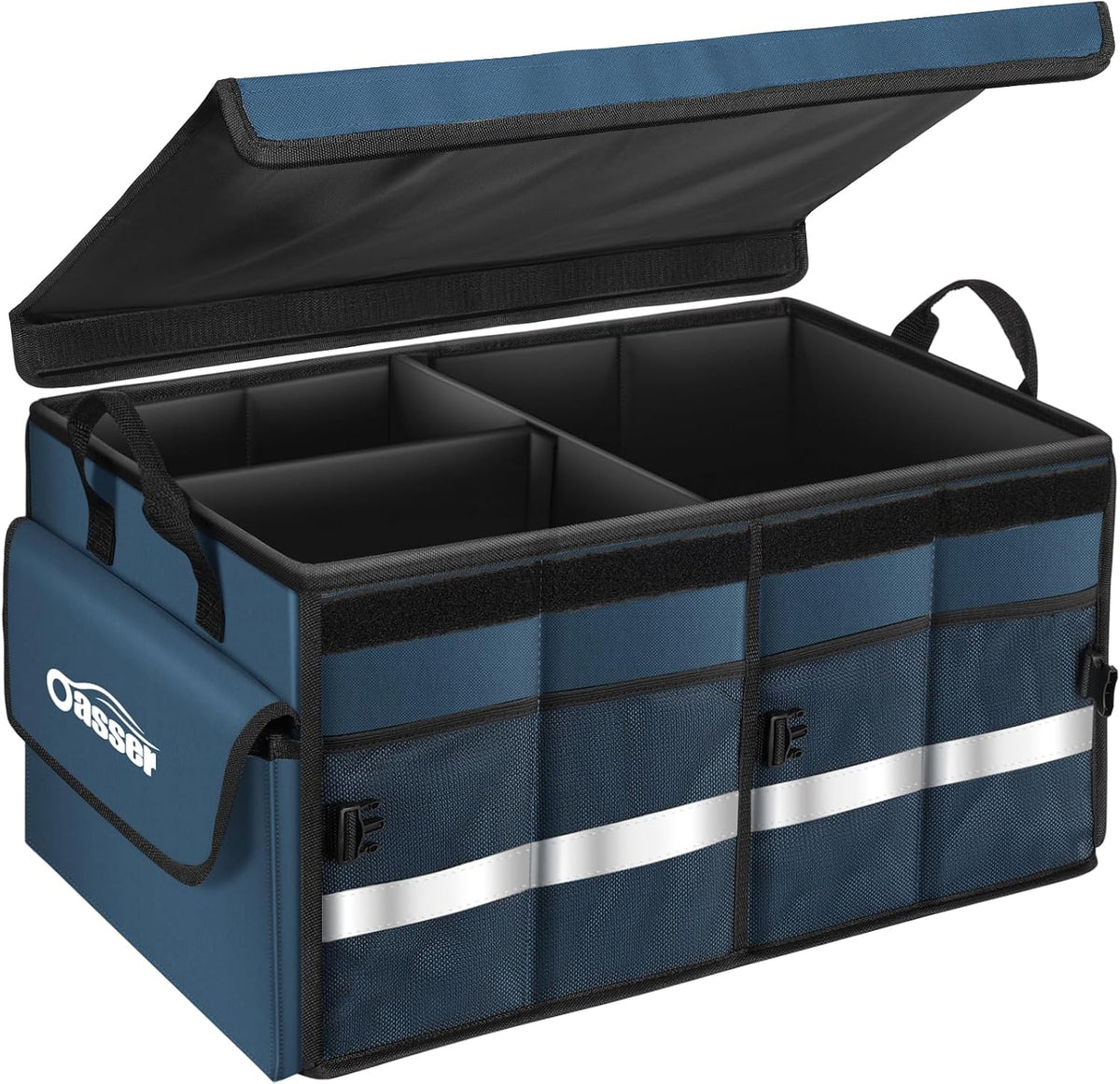 Oasser Car Trunk Organizer with Foldable Soft Lid, 55L 3 Compartments Blue