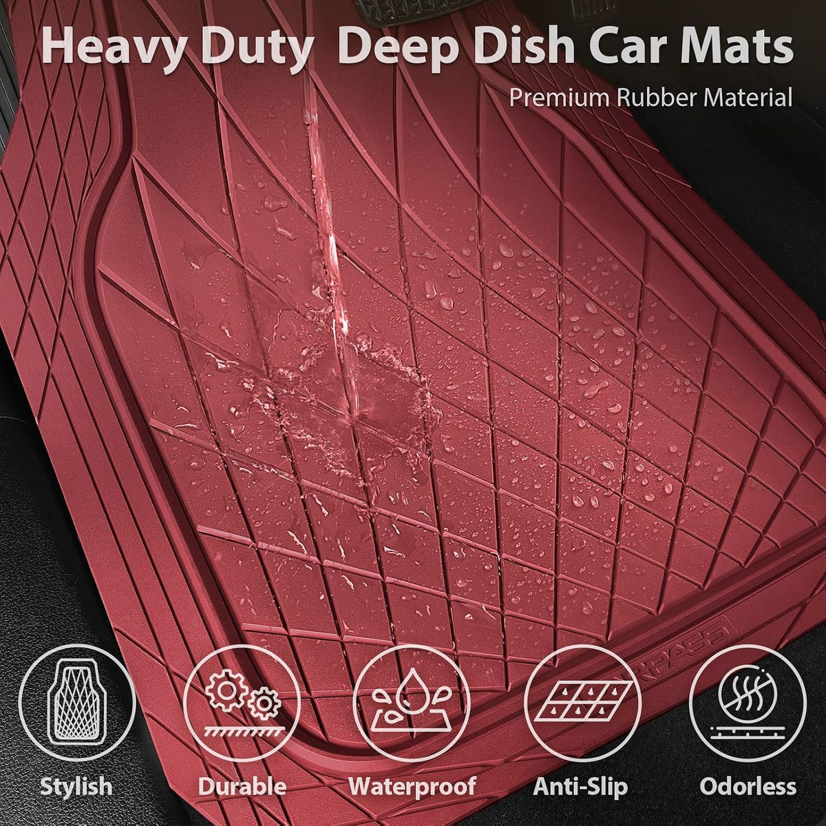 CAR PASS Heavy Duty Rubber Car Floor Mats, Waterproof Universal Trim-to-Fit Car Mats All Weather Floor Mats for SUV Truck Sedan, Premium Auto Floor Mats Full Set 3 Piece Anti-Slip, All Burgundy Red