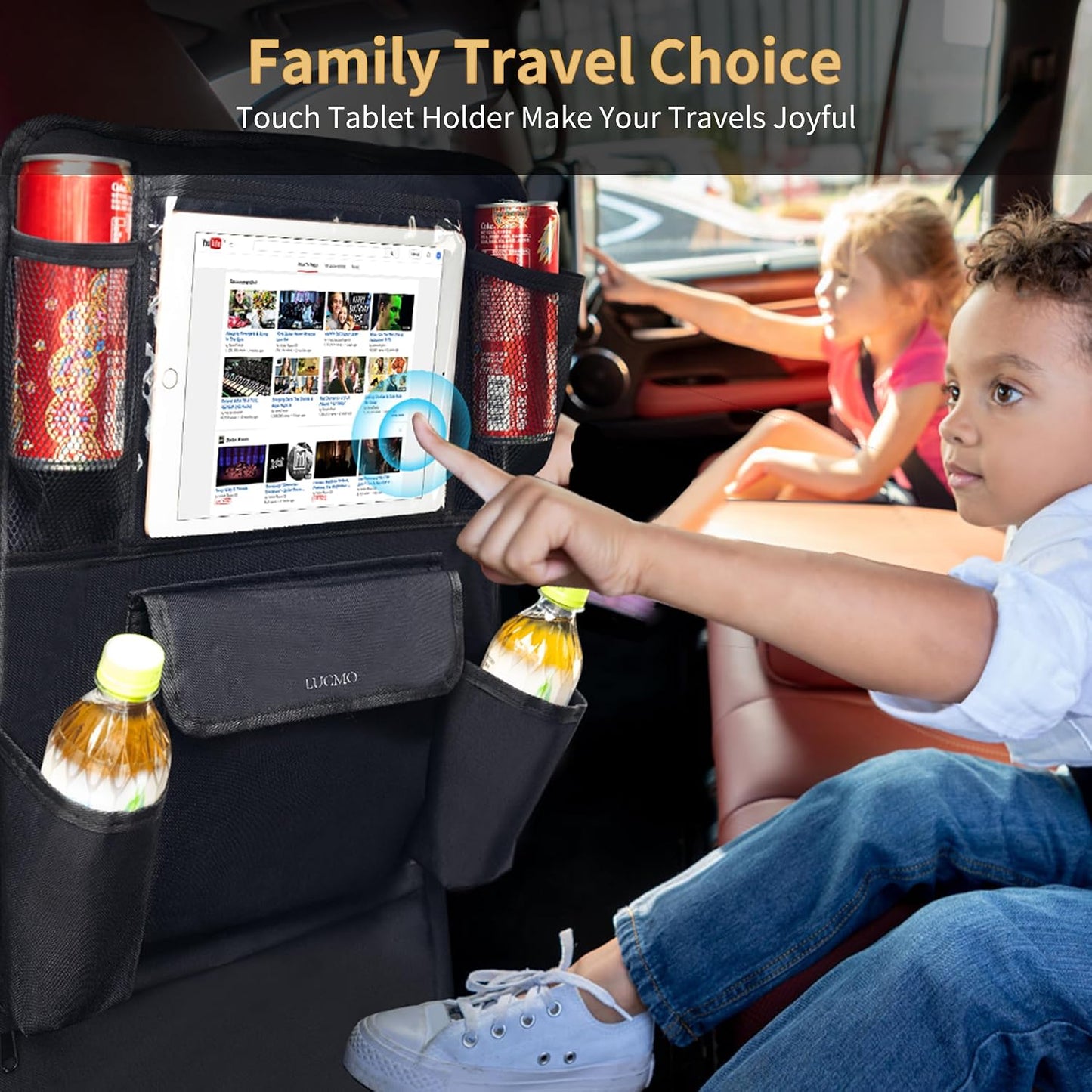 LUCMO Car Backseat Organizer with Touch Screen Tablet Holder, Black | 9 Storage Pockets,Clear Tablet Holder,Protectors Kick Mats,Travel Accessories,Seat Cover,Road Trip Essentials