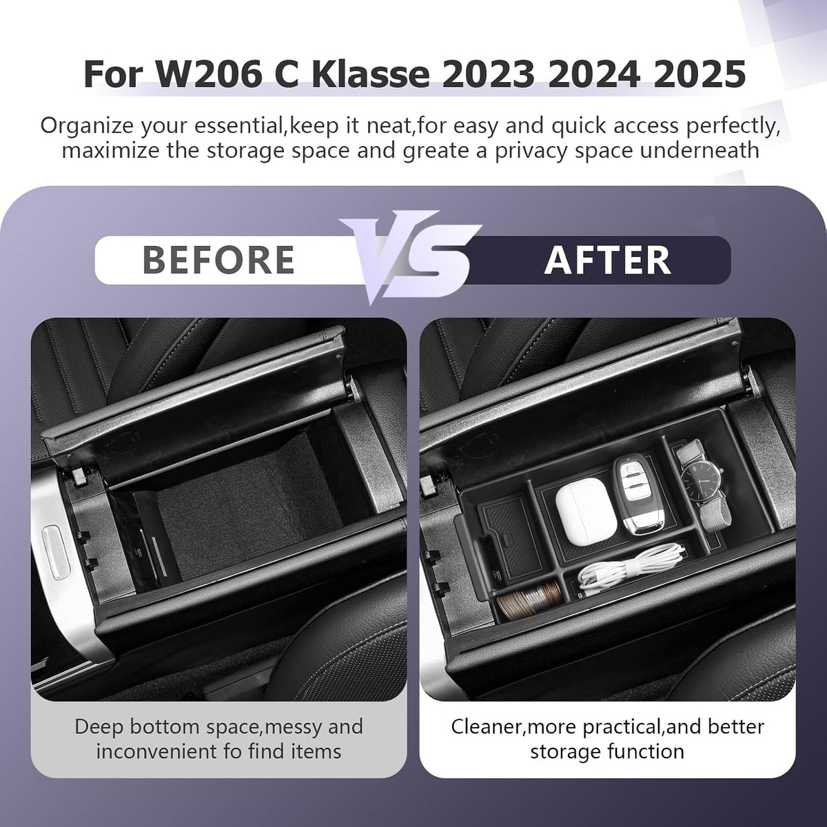 LUWU Center Console Organizer Compatible with 2022-2027 Benz C-Class C300/C300 4Matic/AMG C43/AMG C63 SE Performance W206 Accessories Armrest Console Storage Box Insert Tray ABS Material Black