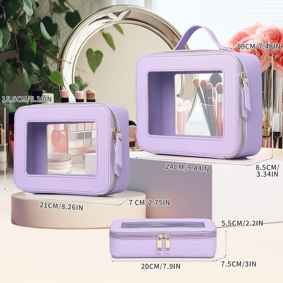Pinkmik Clear Makeup Bag, (Purple, L+M+SLIM)