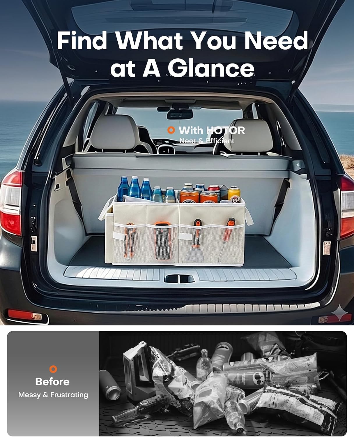 HOTOR Trunk Organizer for Car - Car Organizer, Foldable Trunk organizer for SUVs & Sedans, Sturdy Organization for Car Accessories, Tools, Sundries, Beige, 2 Compartments, 21.3"×12.6"×10.6"