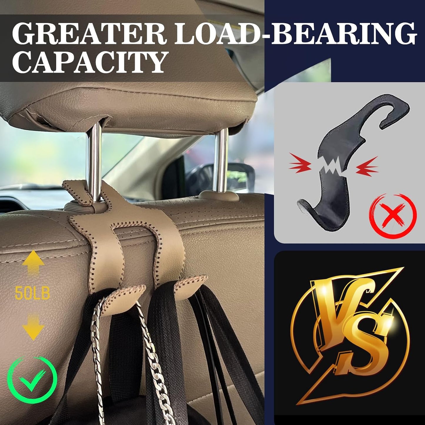 Upgraded Headrest Hooks for Car, 2 in 1 Back Seat Purse Holder Hook Genuine Leather Head Rest Hangers Vehicle Organizer Accessories for Hanging Grocery Bags, 1 Pack, Beige