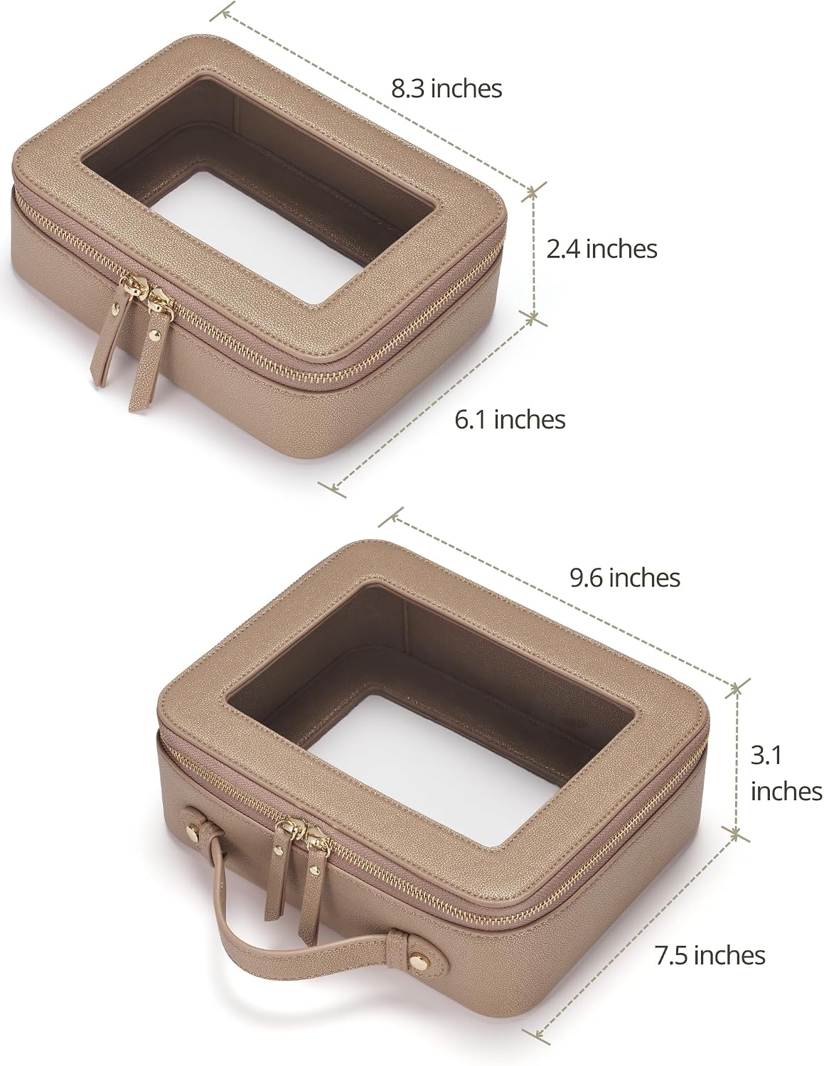 Popvibe Clear Makeup Bag Travel Cosmetic Case Transparent Toiletry Bag with Zipper, Portable Make Up Organizer Traveling Compact Car Bag for Essentials, Gold, Medium and Large