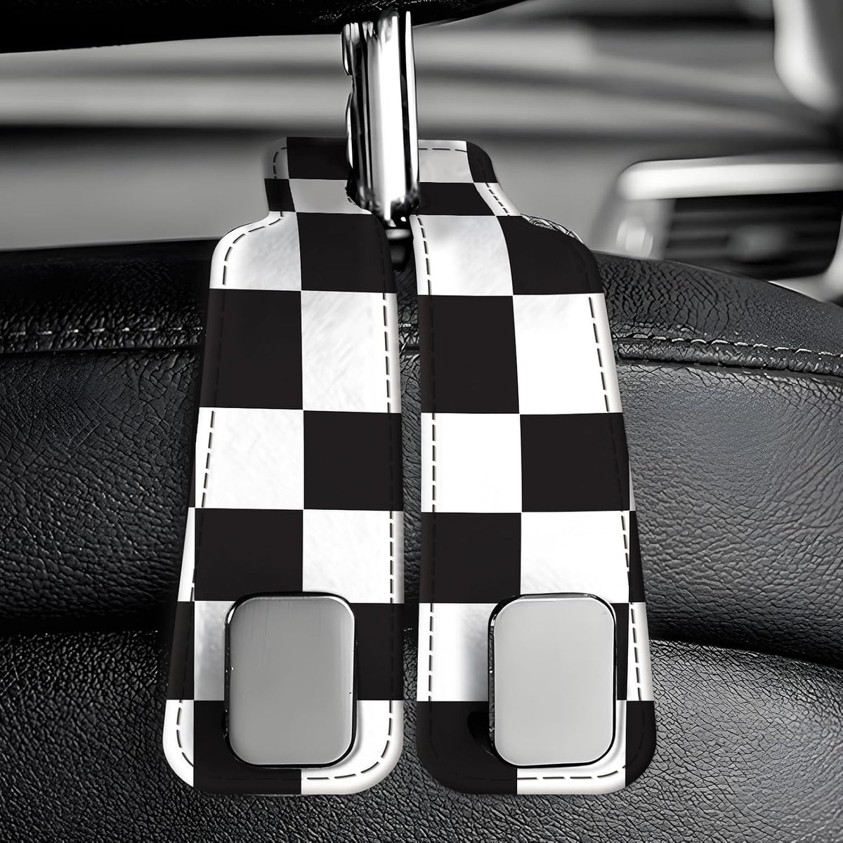 Car Seat Back Storage Headrest Hook, Premium Leather Double Metal Hook, Hanger Storage Organizer for Purse Cloth Bag, Car Interior Accessories Black White Plaid