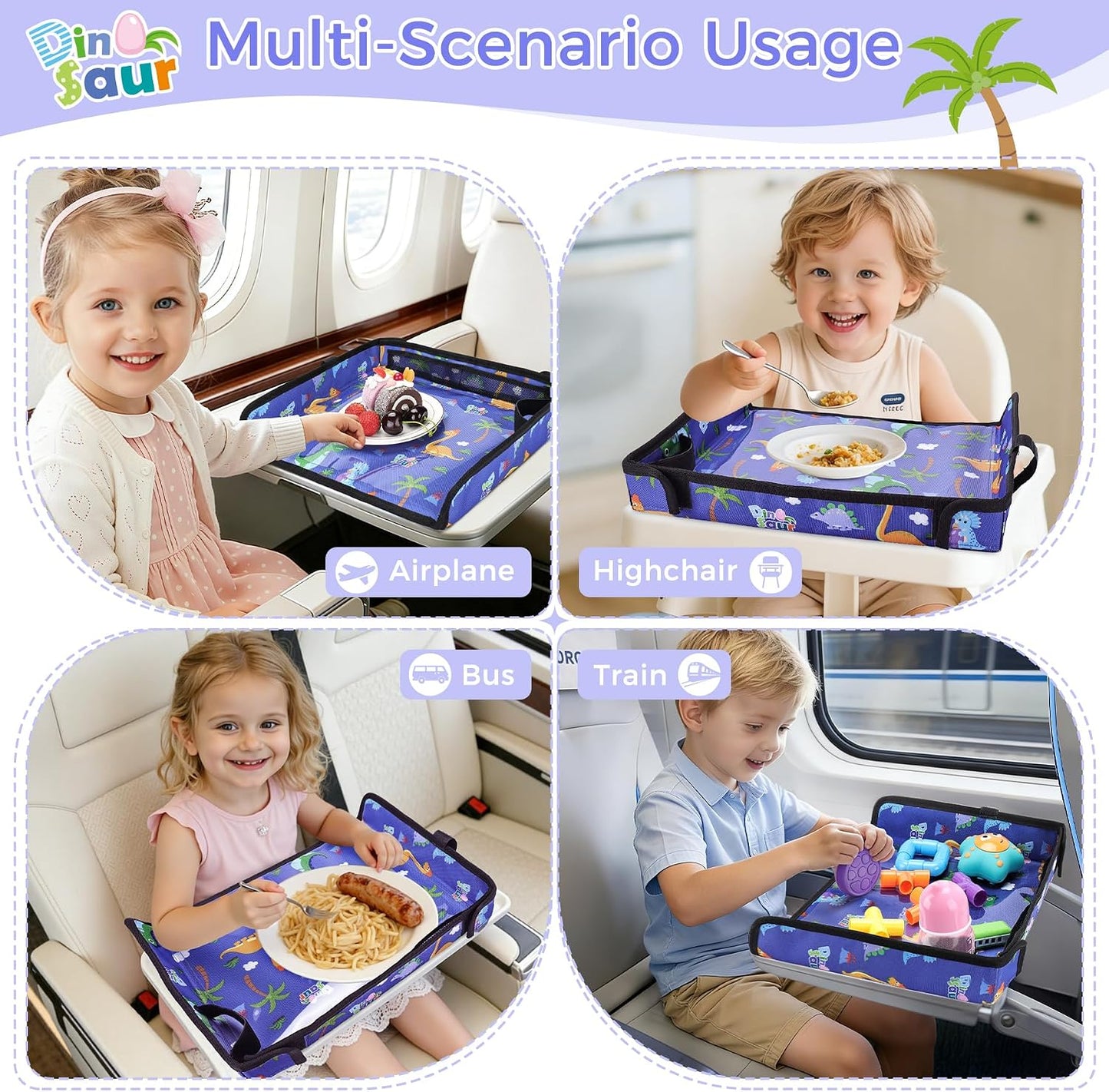 COOLBEBE Airplane Tray Table Cover, Foldable Travel Tray Cover for Toddlers 1-3, Universal Fit for Airplane, Car Seat, High Chair, Machine Washable, Portable, Blue Dinosaur
