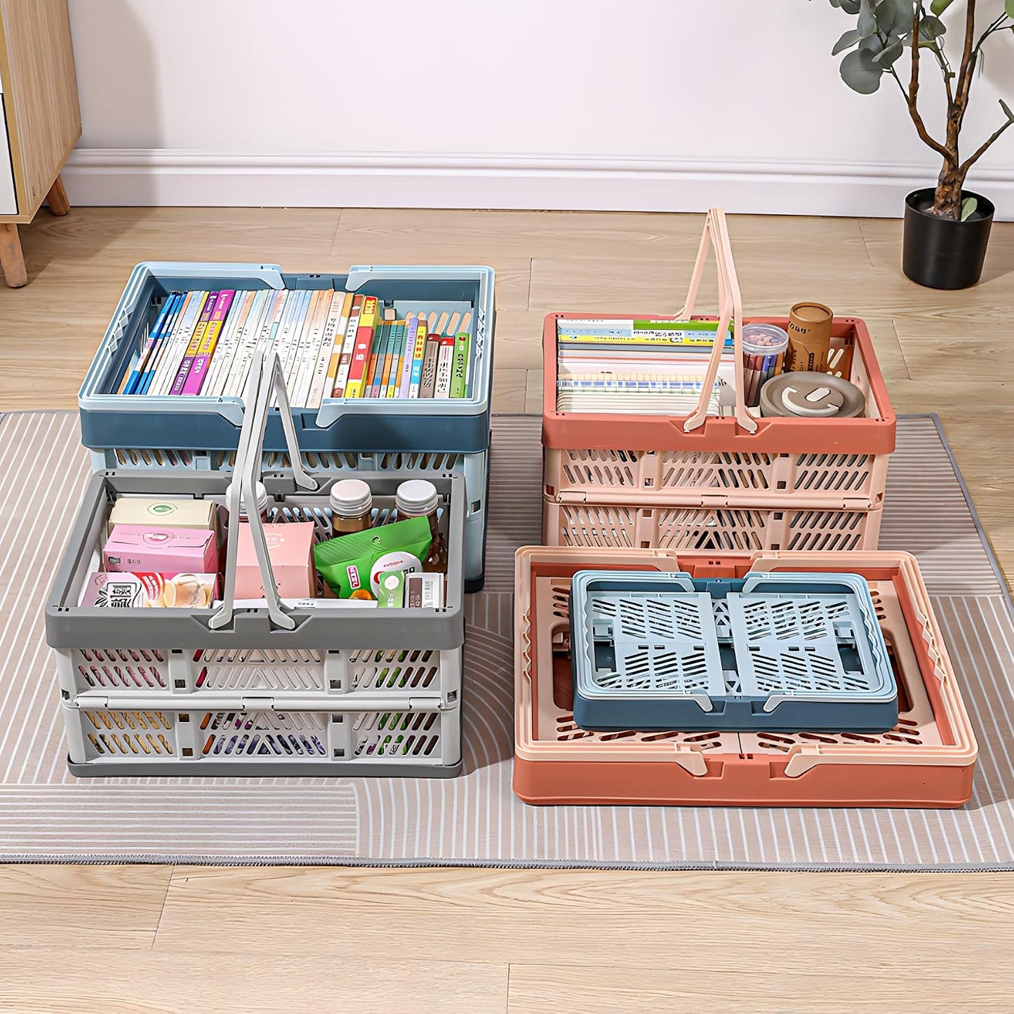 Domiella 2-Pack Foldable Storage Baskets, Collapsible PP Crates with Handles - 20L Capacity, Strong and Portable for Home Organization, Picnic and Shopping, Blue + Pink