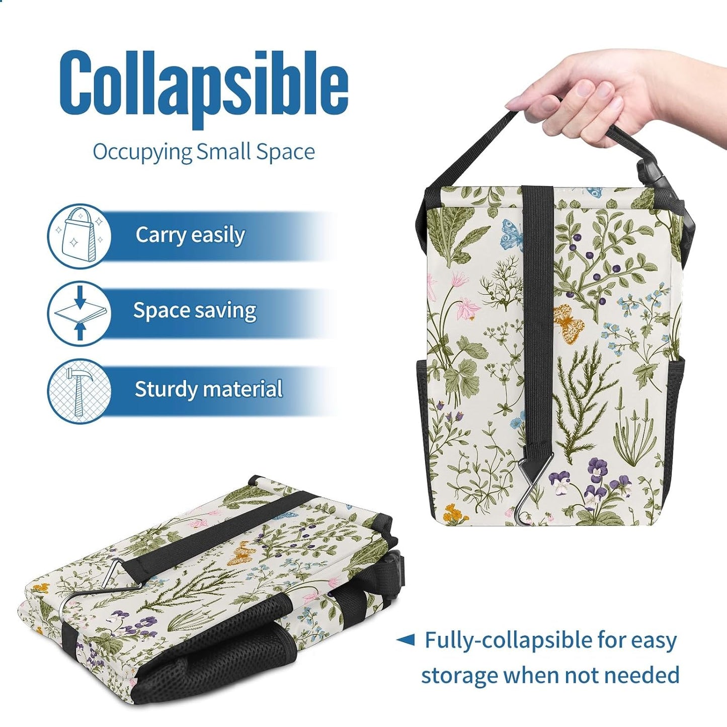 Car Trash Can with Lid Vintage Botanical Wildflowers Collapsible Reusable Leak-Proof Auto Garage Bag,Hanging Vehicle Car Accessories Interior Car Organizer