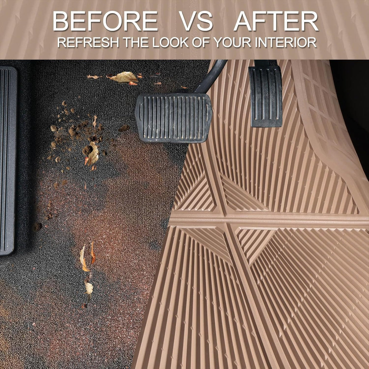 CAR PASS Beige Rubber Floor Mats&Cargo Liner,Waterproof Truck Mats Heavy Duty,All Weather Trim-to-Fit Automotive Mat for Car Truck SUV,Anti-Slip Easy Clean Durable,Full Set 5-Piece,3D Emboss All Beige