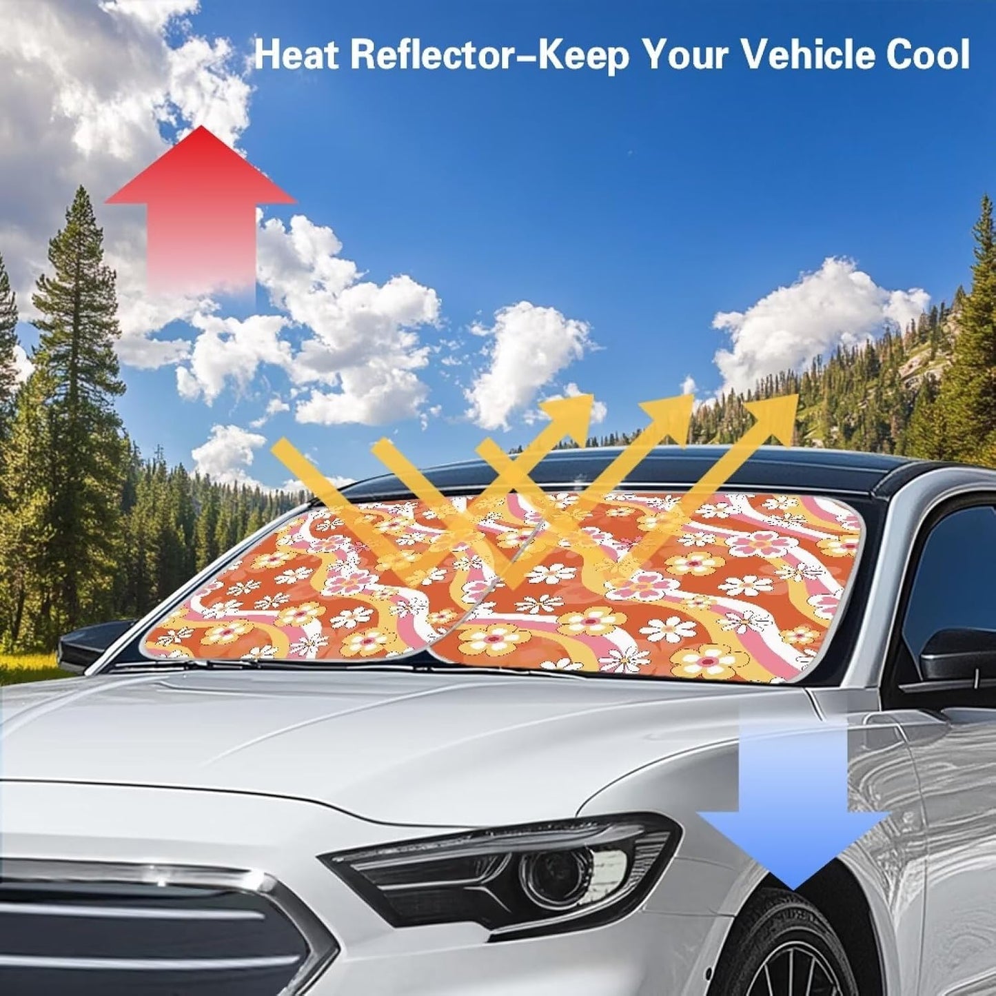 Renewold Universal Front Windshield Sunshade Hippie Flower Pattern Summer Car Window Covers UV Rays Sun Shade Outdoor Protective Automotive Sun Blocker Visor Foldable Sun Shield