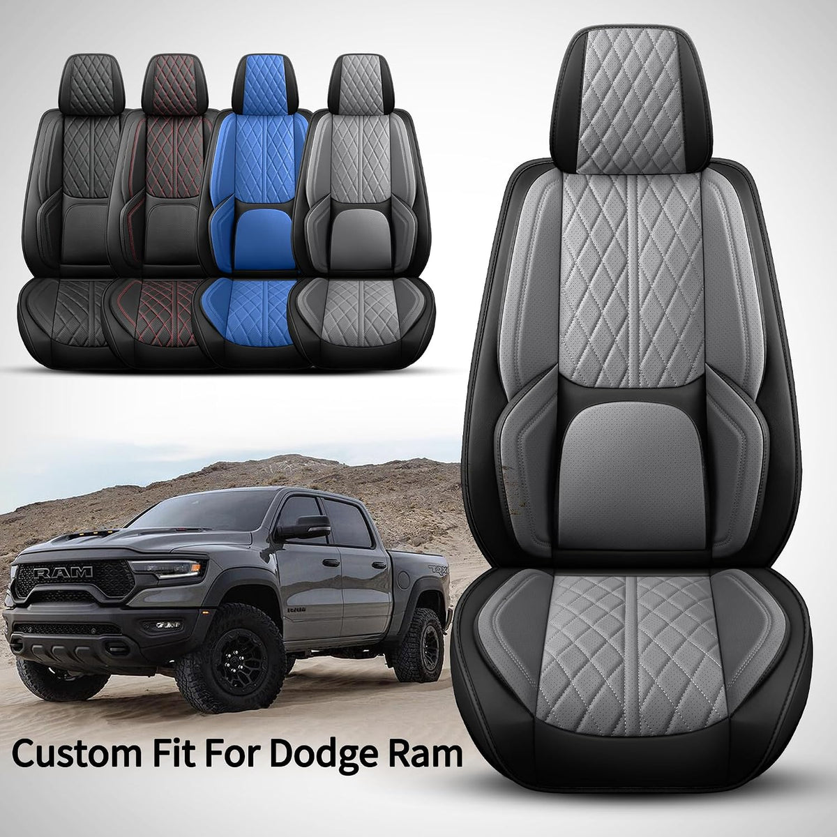 Car Seat Cover Custom Fit for Dodge Ram 1500 2500 3500 2002-2026 Faux Leather Seat Cover Set Compatible with Crew Quad Regular Cab Pickup Truck Cushions (Black & Grey, Front Seat)