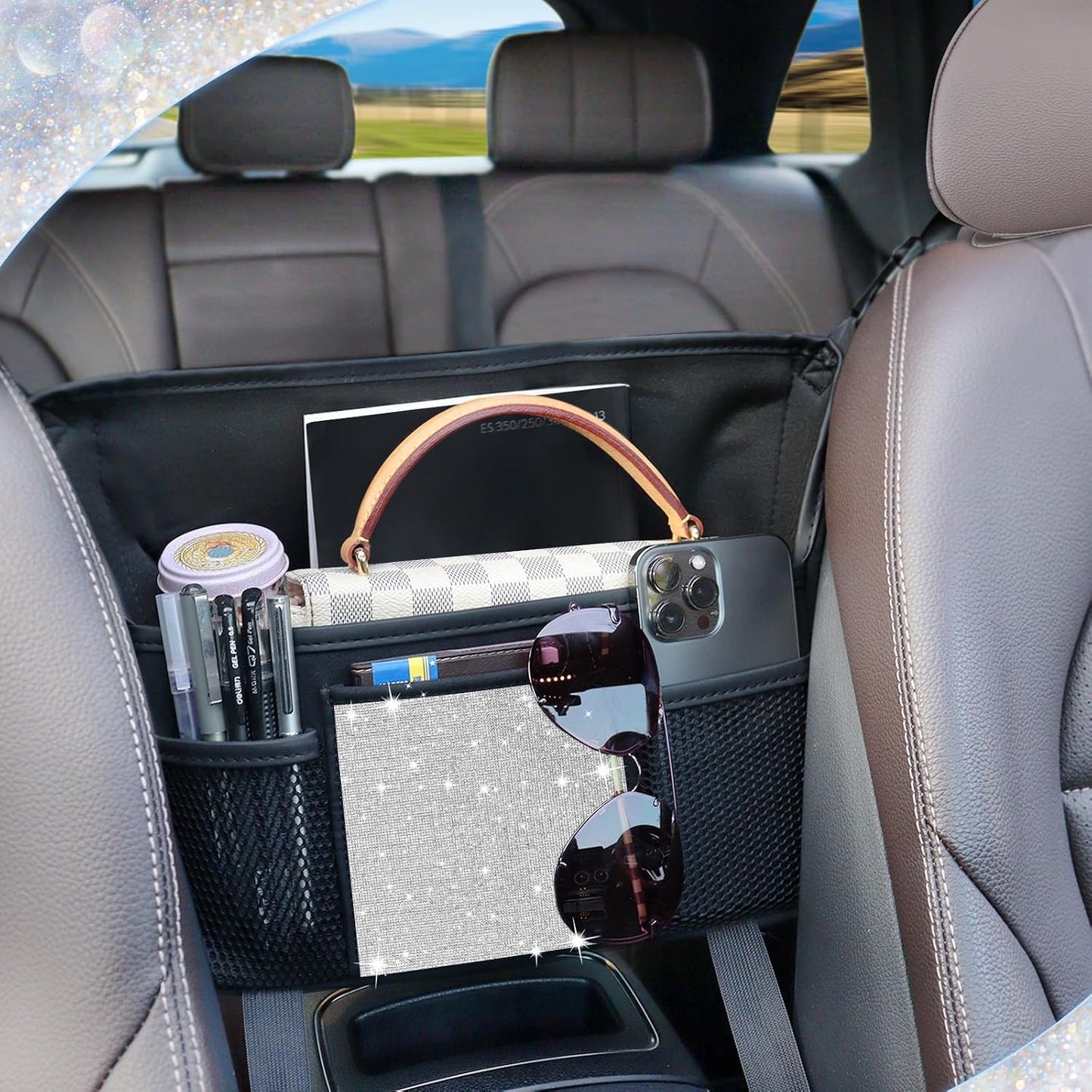 Green Diamond Car Handbag Holder Between Seats Bling Rhinestone Car Storage Bag Large Capacity Purse Phone Automotive Consoles Organizer Safe Barrier of Backseat Pet Kids