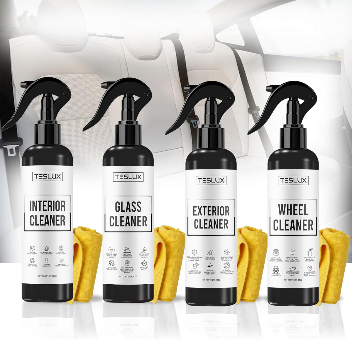 Complete Cleaning Kit for Tesla – Interior Cleaner, Exterior Cleaner, Glass Cleaner, Wheel Cleaner – All-in-One Detailing Solution for Tesla Model 3, Y, S, X