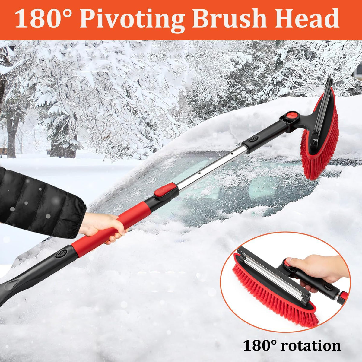 Car Snow Brush Ice Scraper Remover with Squeegee 39inch Long Handle Extendable Snow Removal Tool Windshield Snow Scrapers Removal Shovel for Ice and Snow Red Color