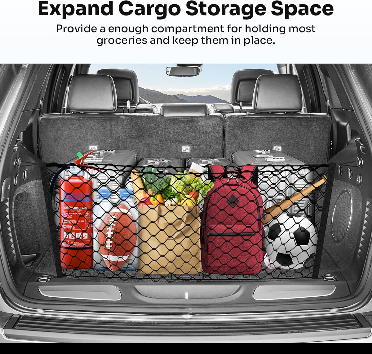 Canvcle Trunk Cargo Net for 2011-2021 Jeep Grand Cherokee Accessories Envelope Style Mesh Trunk Net Organizer and Storage Stretchable Adjustable Elastic Nylon Rear Cargo Netting with Hooks