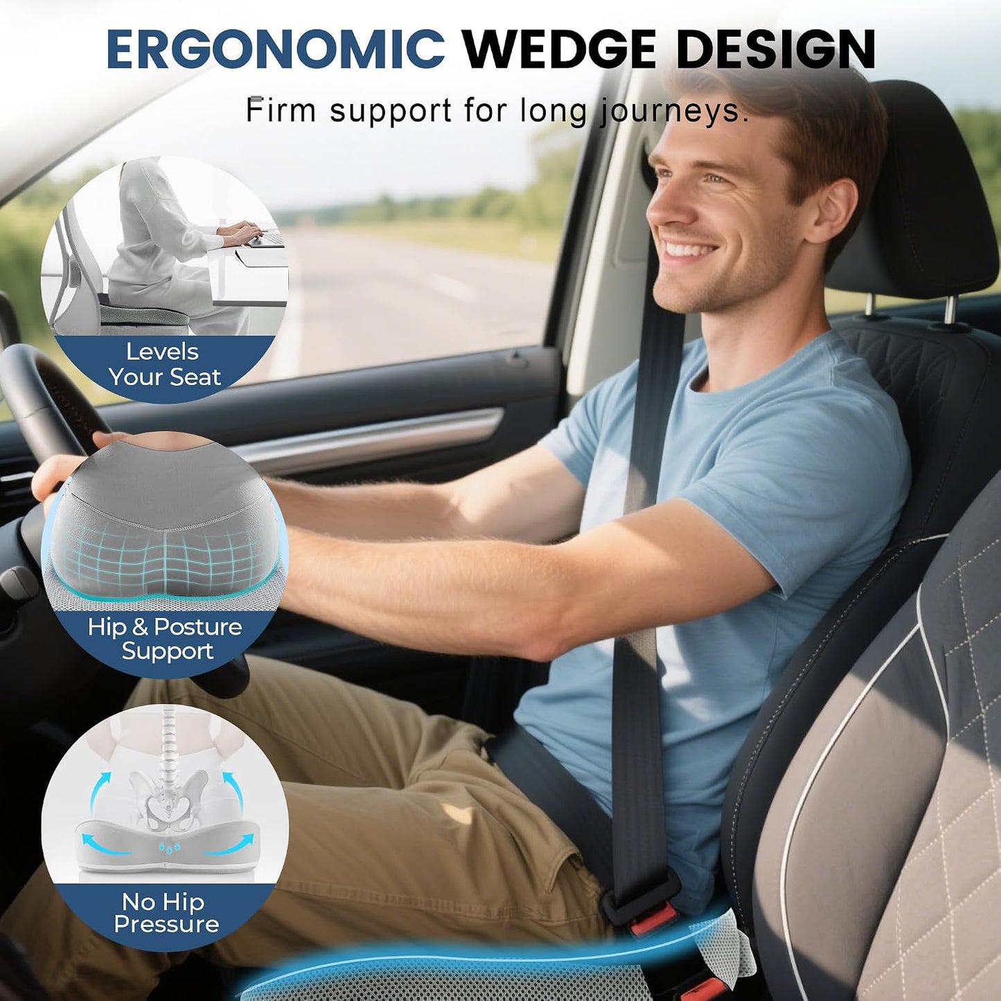 Seat Cushion for Office Chair, Wedge Car Seat Cushion, Memory Foam Truck Seat Cushion for Sciatica Tailbone Pain Relief, Long Driving, Coccyx