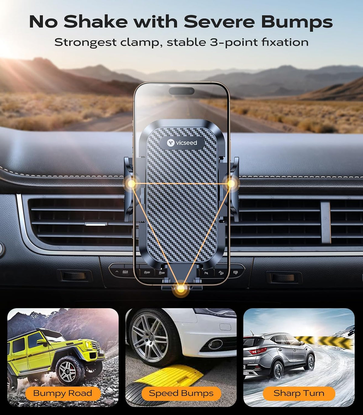 VICSEED 2026 Upgrade Ultra Stable Car Phone Holder Mount [Never Fall Off & Won't Break] Universal Air Vent Phone Mount for Car Easy Clamp Phone Holders for Your Car for iPhone 18 Pro Max 17 16 15 14