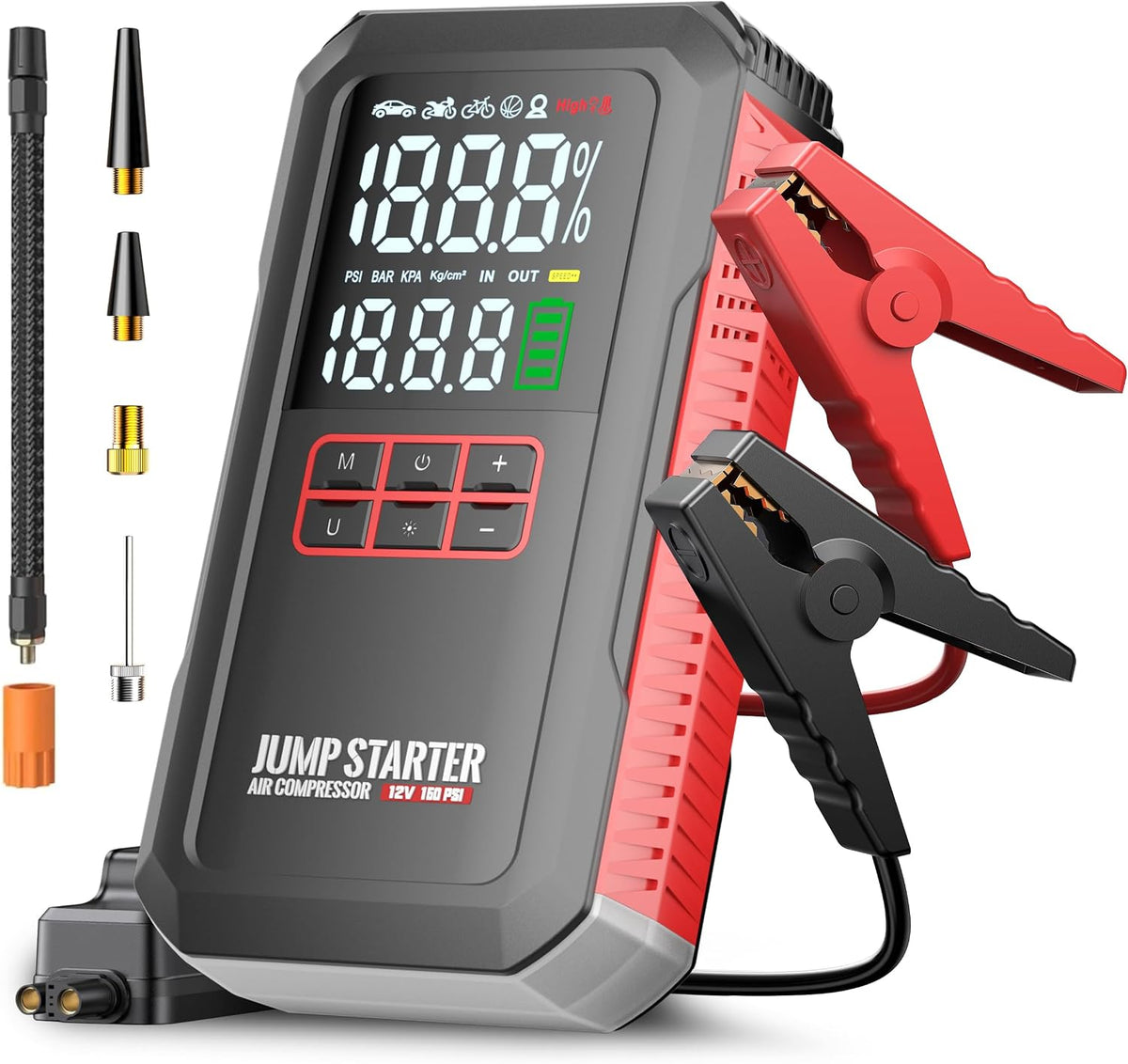 5000A Car Battery Jump Starter with Air Compressor 160PSI, Battery Jumper Starter Portable 7.0L Gas/6.0L Diesel, Jumper Cables, Car Battery Charger with Power Bank & Light, Roadside Emergency Kit