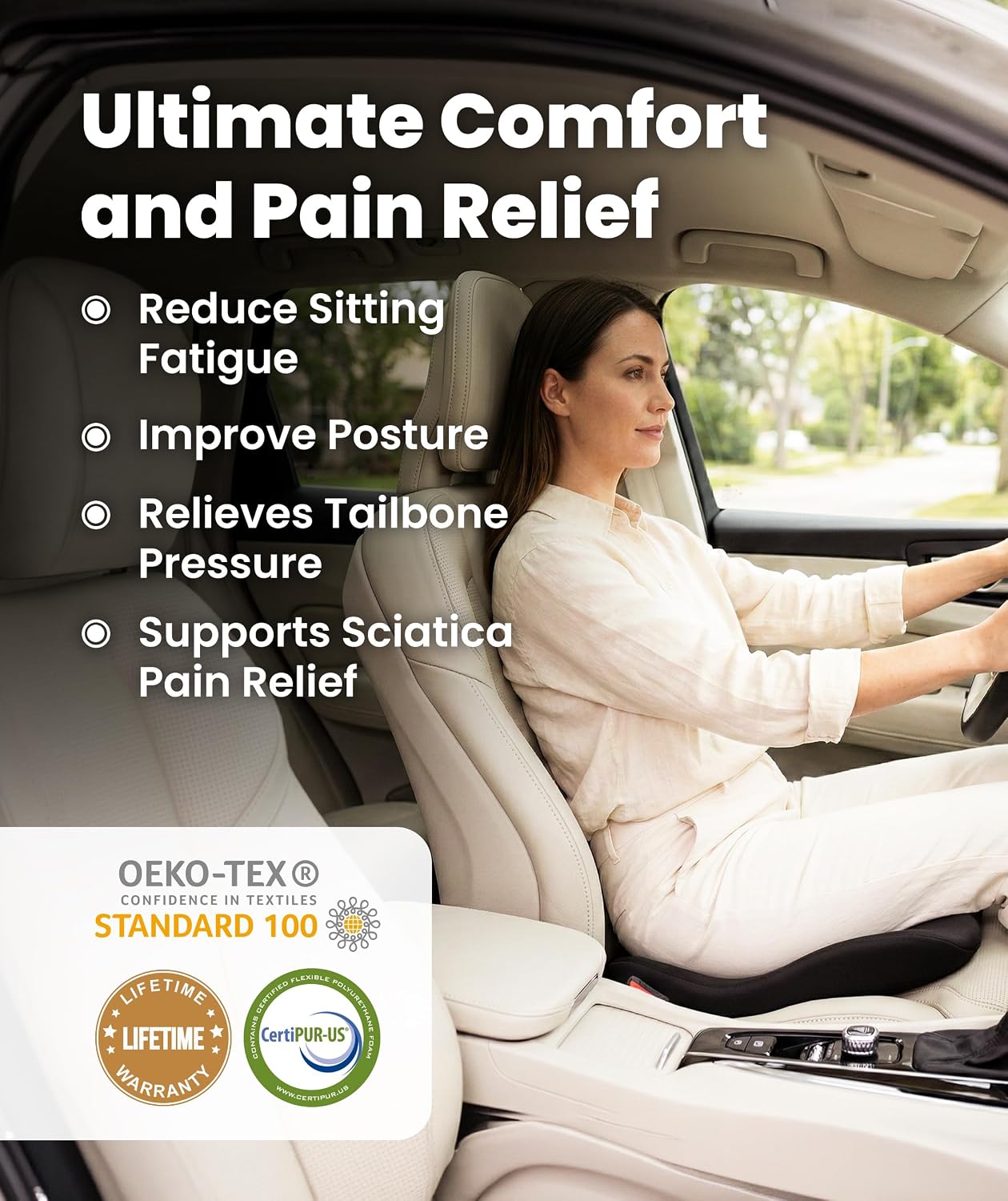 Everlasting Comfort Car Seat Cushion for Driving - Orthopedic Car Cushion for Office, Travel, Gaming Chair Memory Foam Driver Booster for Short People, Non-Slip, Washable Cover, Back & Sciatica Relief
