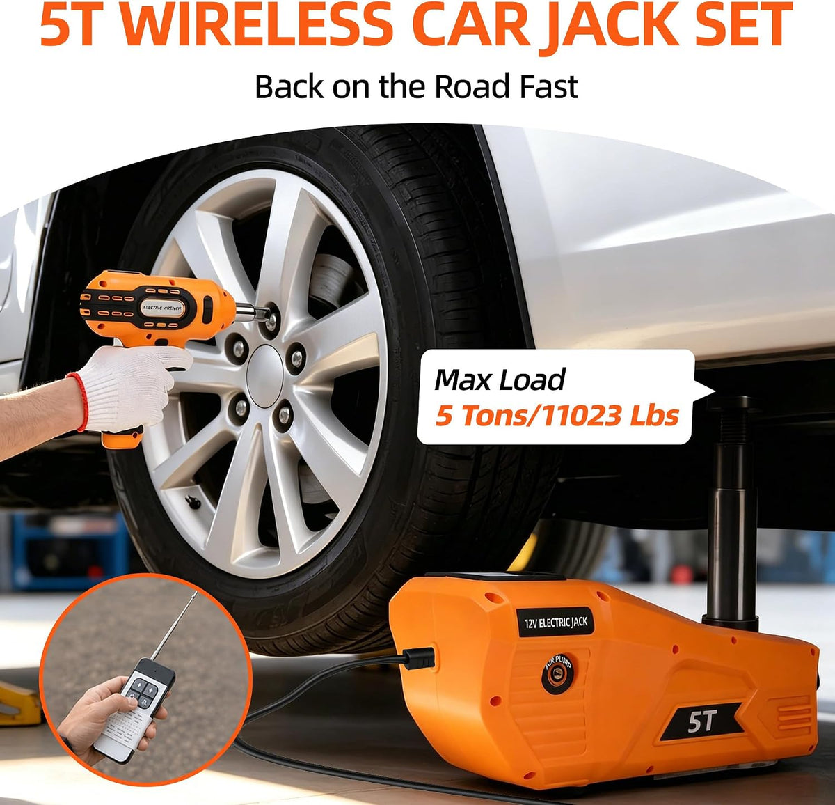 Electric Car Jack 5 Ton 12V Hydraulic Jack Kit with Impact Wrench & Tire Inflator Pump, Wireless Remote & Touch Screen, 3-Mode LED for SUV MPV Sedan Truck – Garage, Roadside, Tire Change