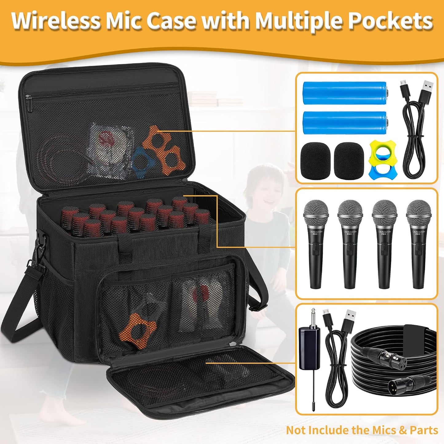 IBIVIVIC 15 Slots Wireless System Microphone Mics Bag with Foam Mic Storage Bag for Singing, Karaoke, Party Sound Equipment Carrying Case