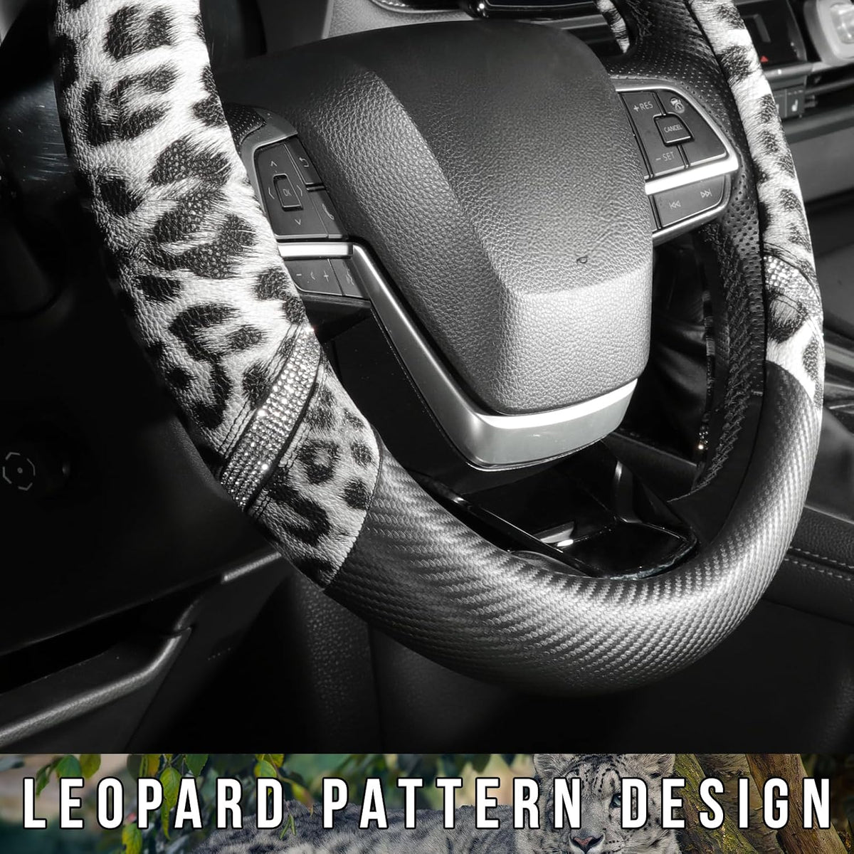 Rhinestones Leopard Leather Car Steering Wheel Cover-Black&White