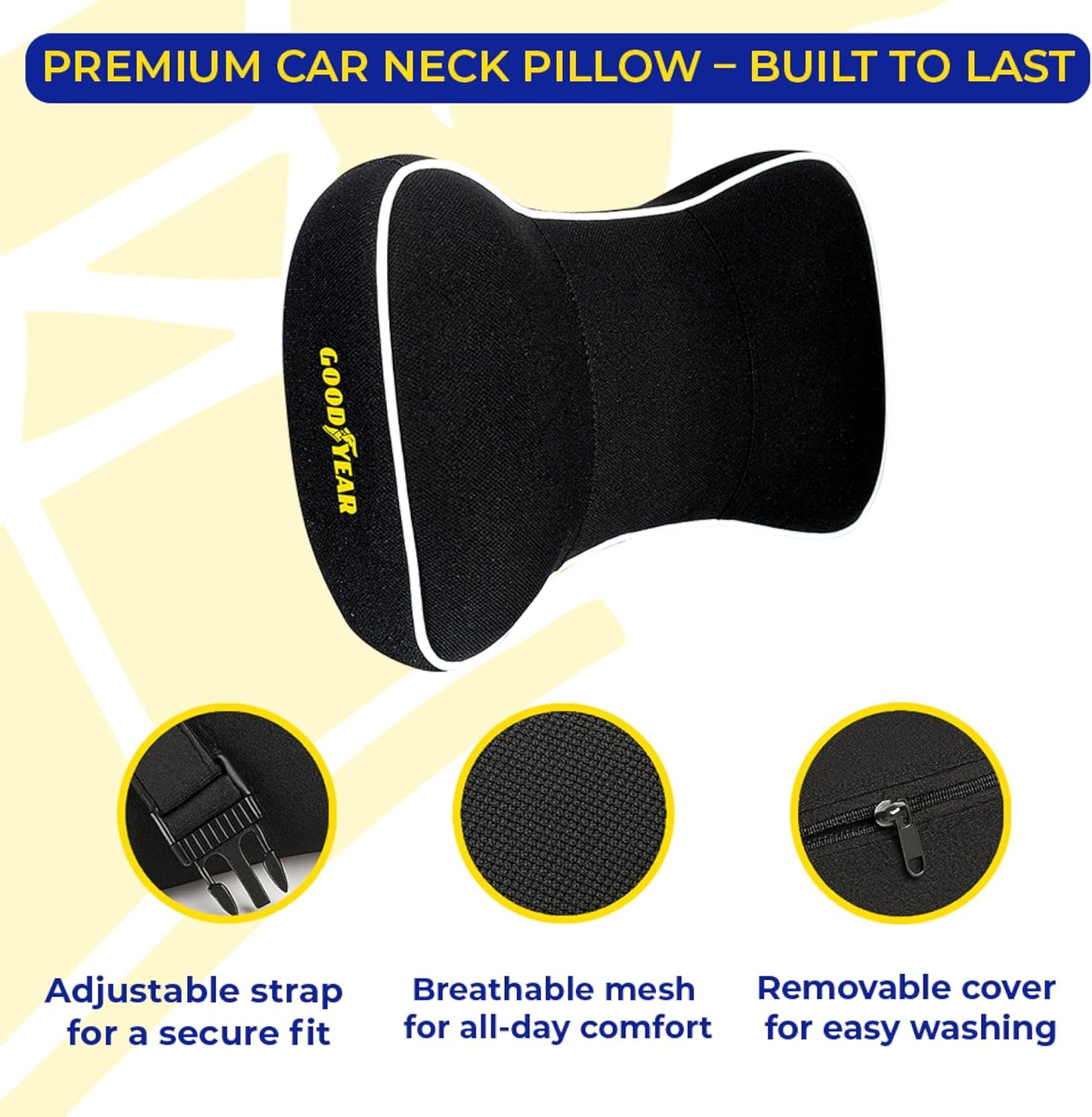 Goodyear Car Neck Pillow, Soft Memory Foam Headrest Pillow for Driving, Ergonomic Car Seat Headrest Cushion with Adjustable Strap, Breathable & Removable Cover, Neck Pain Relief, Black