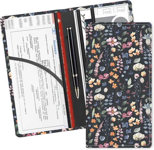 Leather Car Registration and Insurance Card Holder, Cute Car Accessories Vehicle Glove Box Car Organizer for Documents, Cards, License Colorful Boho Leaf