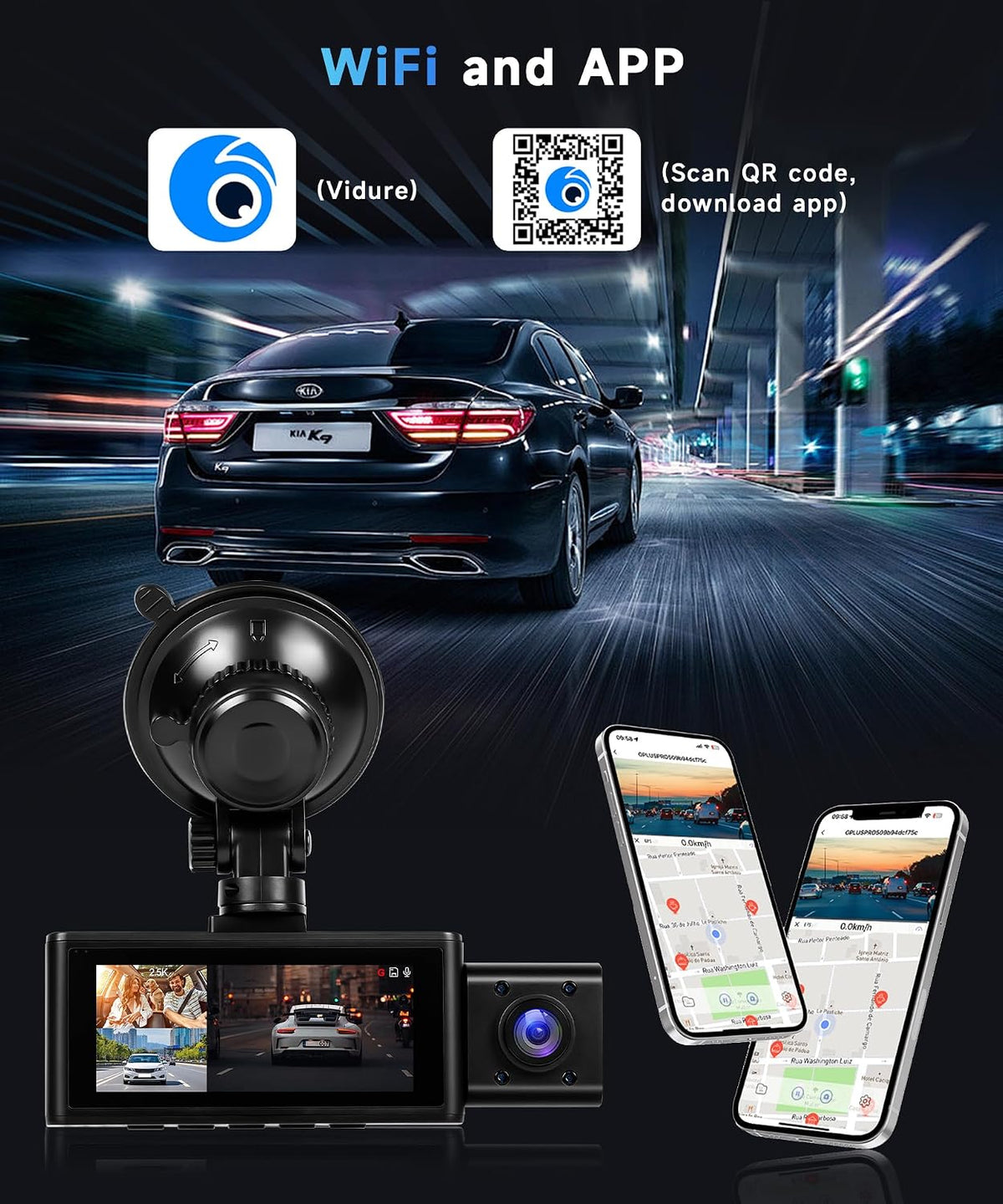 3 Channel Dash Cam 360° Front and Rear Inside, 2.5K Car Camera Recorder, 3.16 Inch Screen with WiFi GPS, Low-Light Night Vision, G-Sensor, 24/7 Time-Lapse Parking Loop Recording