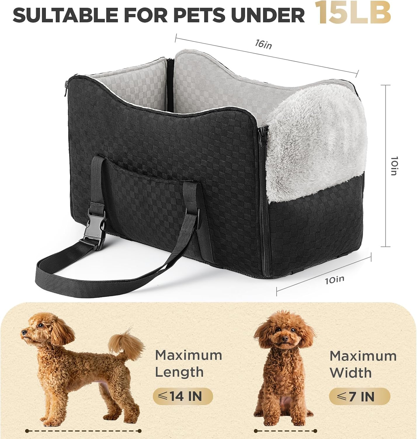 BONTHEE Center Console Dog Car Seat for Small Dogs- Anti-Collapse Design with Soft Plush & Sturdy Support Board, Adjustable Safety Leash for Small Dogs & Cats up to 15 lbs