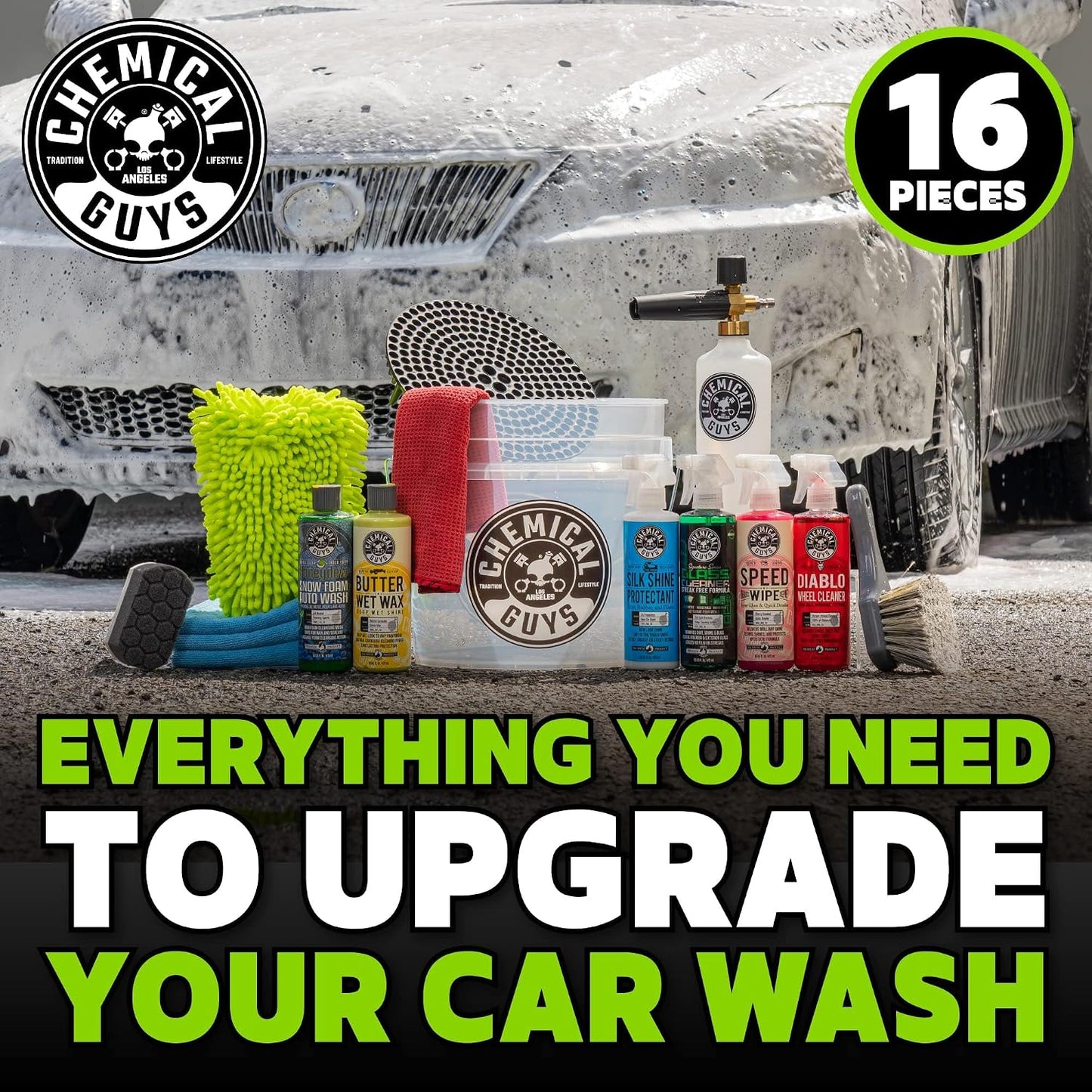 Chemical Guys, 16-Piece Arsenal Builder Car Wash Kit, Foam Cannon & Bucket | Foam cannon, bucket and six 16 oz care chemicals for a complete wash, works with any pressure washer