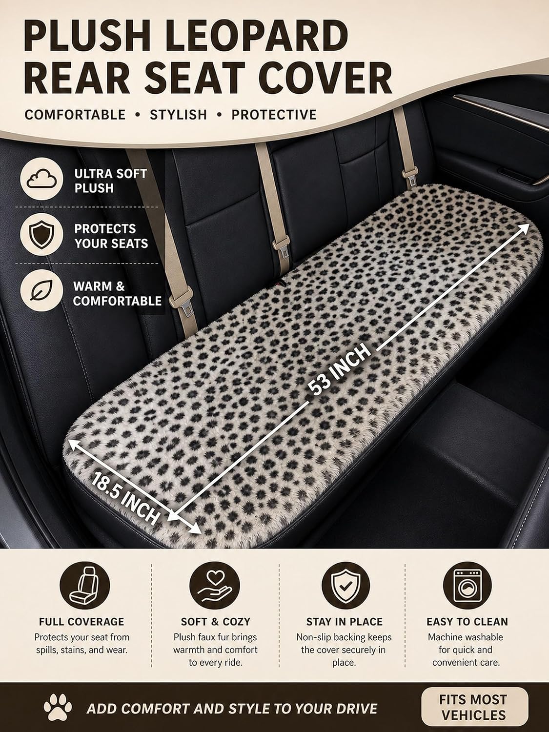 Winter Soft Warm Faux Rabbit Fur car seat Cushion,Universal fit Plush Front and Back Fuzzy car seat Pads Cushion Cover Protector - 1pcs (Back seat 1pcs, Leopard dots)
