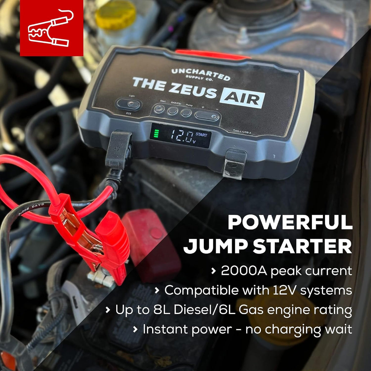 Uncharted Supply Co. Zeus Air, Portable 2000A Jump Starter, 150 PSI Tire Inflator & Compressor, 15,000mAh Power Bank with USB-C Fast Charging & LED Flashlight